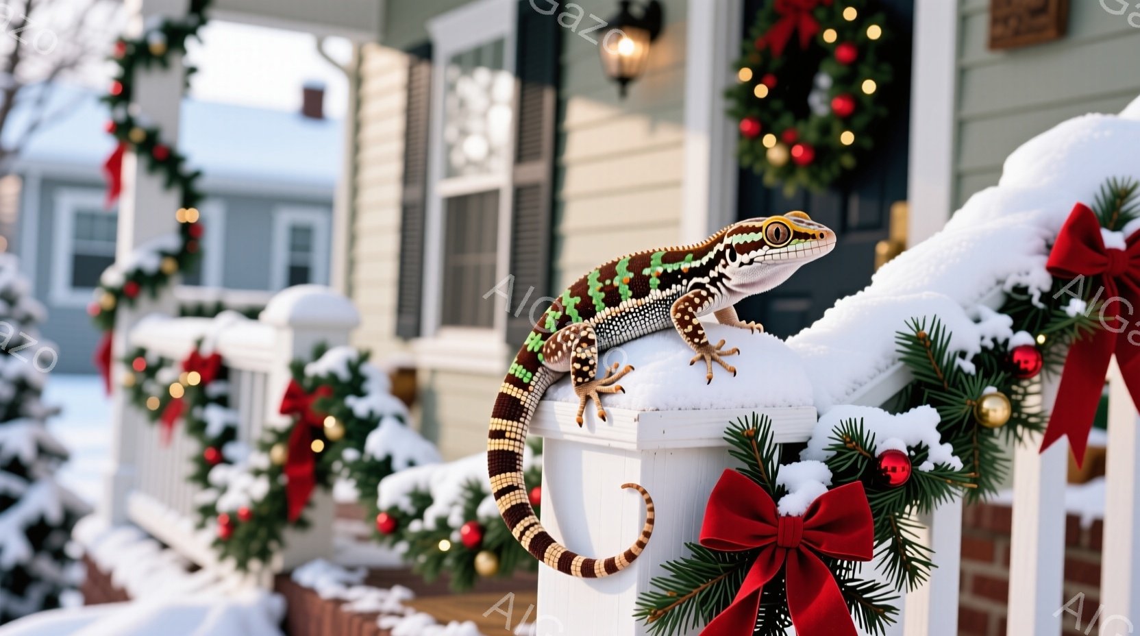 白い柵の上に、鮮やかな模様のヤモリがとぐろを巻いて座っています。背景には雪に覆われた庭と、クリスマス装飾の施された家があり、冬の穏やかな雰囲気が漂っています。赤いリボンと緑の葉が飾られたフェンスが、このシーンの温かさと季節感を強調しています。