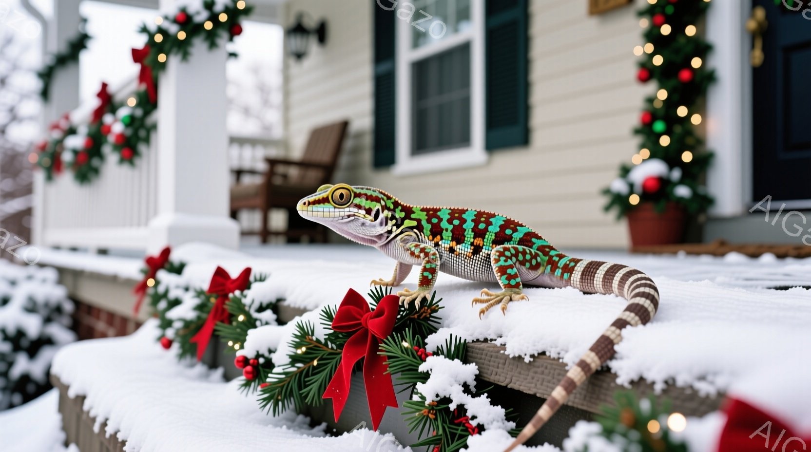 雪が積もった家の外の縁側に、鮮やかな色彩のヒョウモントカゲモドキがいます。縁側には赤いリボンと装飾が施されたクリスマスツリーが飾られ、冬の暖かくお祝いムードを醸し出しています。トカゲモドキはリボンと植 - AI生成フリー素材