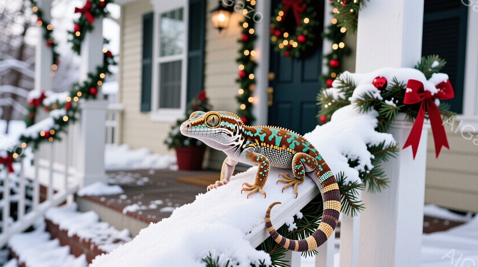 白い手すりに、鮮やかな模様のヒョウモントカゲモドキがとげとげしい背中をかけて休んでいる。背景にはクリスマス装飾が施された玄関があり、緑のガーランドと赤いリボンが冬の風景に彩りを添えている。雪が積もり、全体的に暖かく、お祝いの雰囲気である。