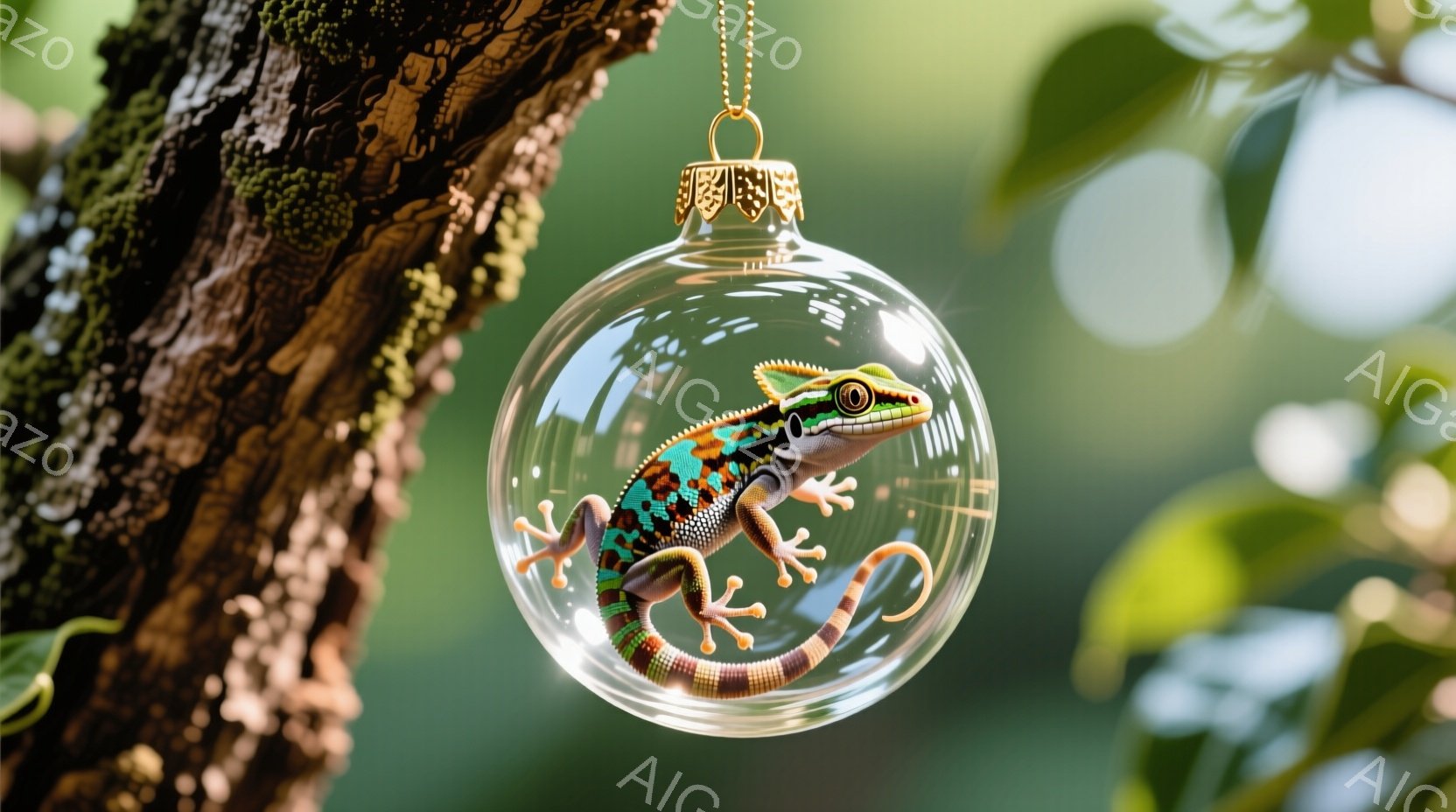 ガラス製のオーナメントの中に、鮮やかな色のトカゲが丸まって入っています。背景には緑豊かな自然が広がり、トカゲとガラス球が自然の中に溶け込んでいます。全体的に、春らしい穏やかで幻想的な雰囲気が漂っています。