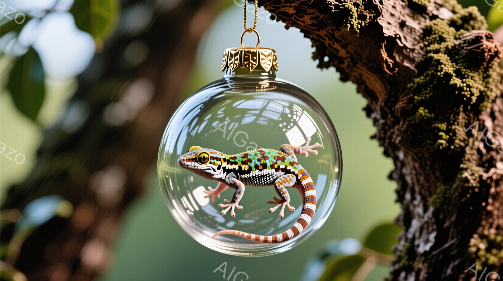 透明な球体の中に、鮮やかな色彩を持つヤモリが描かれている。ヤモリはオレンジと茶色の縞模様の尾を持ち、緑色の背景の木の枝から吊り下げられているように見える。球体は光沢があり、背景の緑とヤモリの色合いを引き立て、生き生きとした自然の雰囲気を醸し出している。