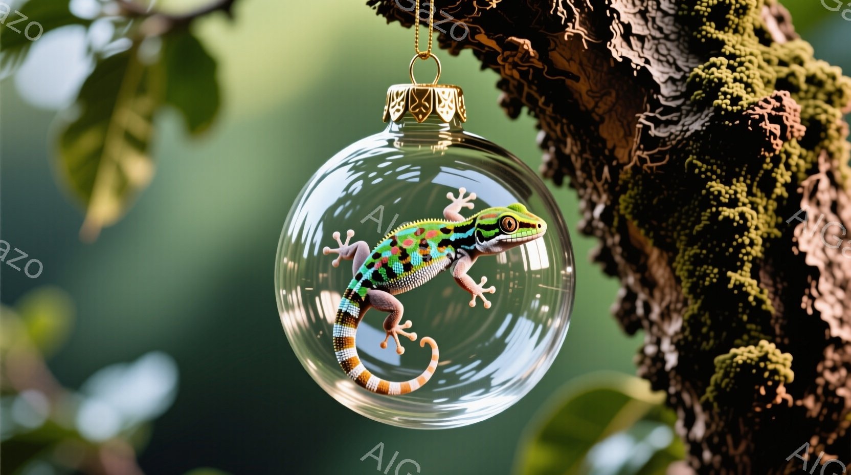 ガラス製のオーナメントの中に鮮やかな色のヤモリが収まっている様子が捉えられています。ヤモリは体の側面をオーナメントの壁に密着させ、まるで宙に浮いているかのように見えます。背景には緑豊かな自然が広がり、苔むした木の枝にオーナメントがぶら下がっている様子から、静かで穏やかな雰囲気が漂っています。