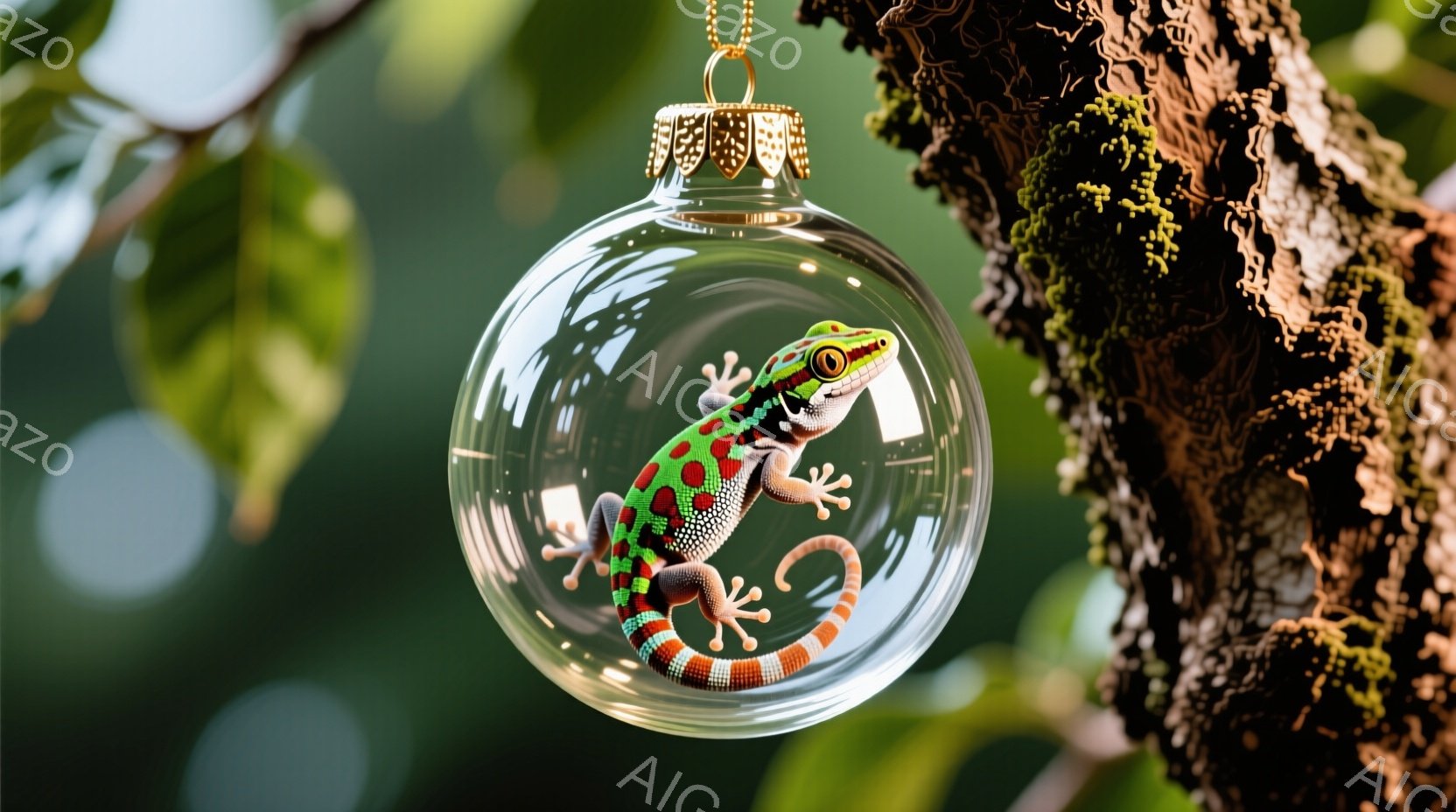 透明なクリスマスのオーナメントの中に、鮮やかな緑、赤、黄色の模様を持つ小さなヤモリが丸まって収まっています。ヤモリはガラス越しにこちらを見つめており、そのつぶらな瞳は好奇心に満ちています。背景には緑豊かな植物と木の幹が見え、自然の中で静かに時が流れるような穏やかな雰囲気が漂っています。