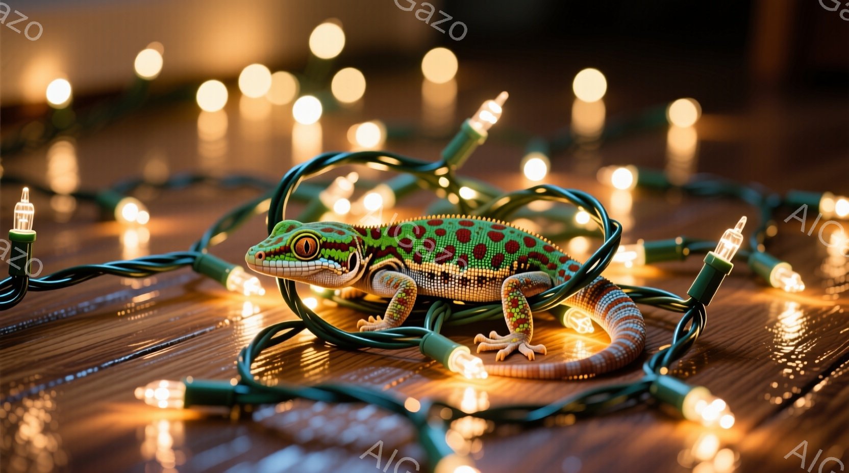 鮮やかな緑色と赤色の斑点を持つヤモリが、クリスマスツリーのような電飾のコードに巻き付いて眠っているように見えます。ヤモリはリラックスした姿勢で、まるで光のベッドに横たわっているかのようです。背景は木製の表面で、暖かく、幻想的な雰囲気を醸し出しています。