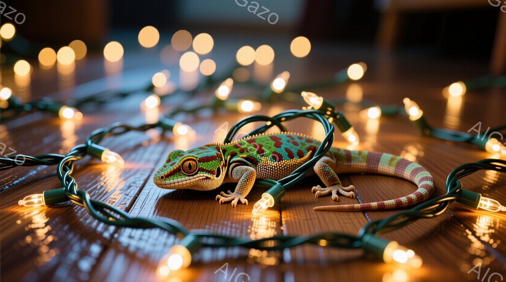 木目調の床に、緑色のライトが巻き付くように配置され、その上に鮮やかな色のトカゲが横たわっています。トカゲはオレンジと黒の目を持ち、ピンク色の尾が特徴的で、リラックスした姿勢でライトの上をゆっくりと進んでいるようです。暖色系の光がトカゲを照らし、幻想的で温かい雰囲気を醸し出しています。