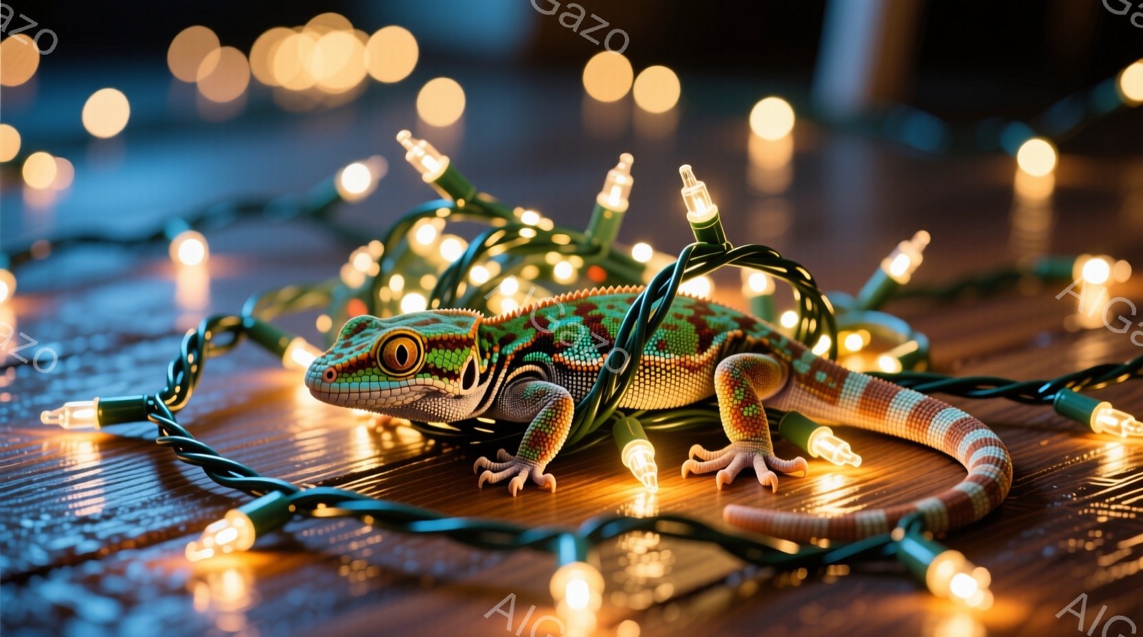 鮮やかな色のトカゲが、クリスマスツリーのような電飾に巻き付いて横たわっています。背景は木製の床で、電飾が散りばめられており、暖かく幻想的な雰囲気を醸し出しています。トカゲはリラックスした様子で、好奇心に満ちた表情でこちらを見ているようです。