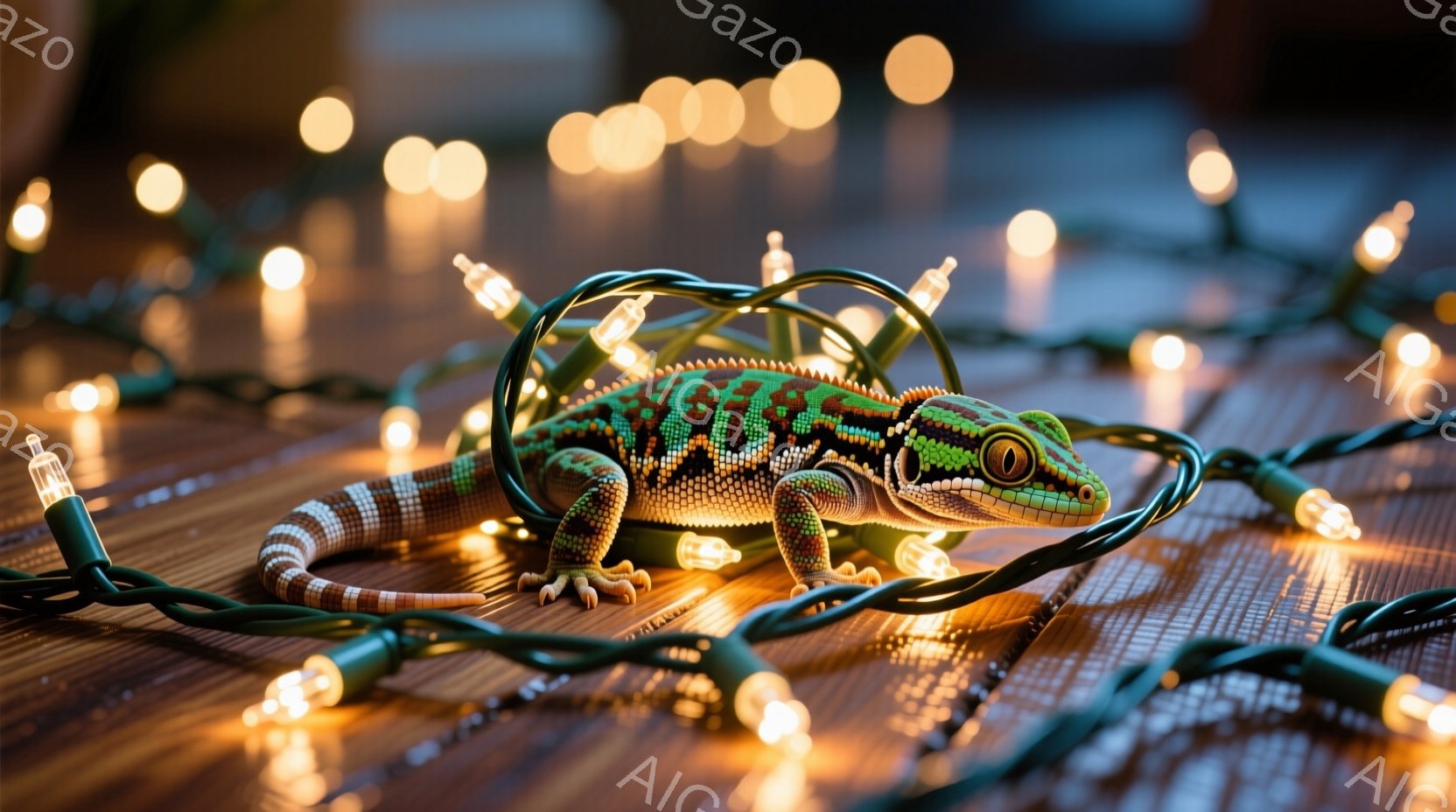 カメレオンが木製の床に横たわり、緑色のクリスマスライトに囲まれています。カメレオンは鮮やかな緑、赤、黒の模様を持ち、正面を見据え、興味津々な表情をしています。背景はぼかされており、暖かい光が全体を包み、お祭りや遊び心のある雰囲気を醸し出しています。
