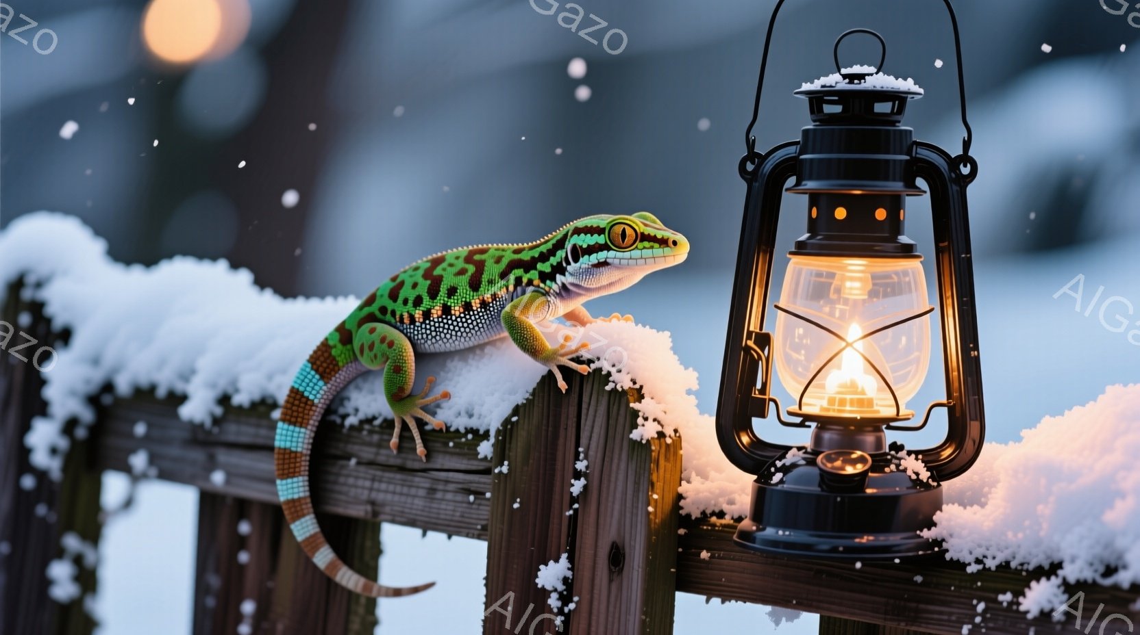柵の上に鮮やかな緑色のトカゲがとまり、雪がわずかに積もっています。背後には光るランタンがあり、暖かく幻想的な雰囲気を醸し出しています。全体的に、冬の夜に野生動物が佇む穏やかで神秘的な情景が描かれていま - AI生成フリー素材