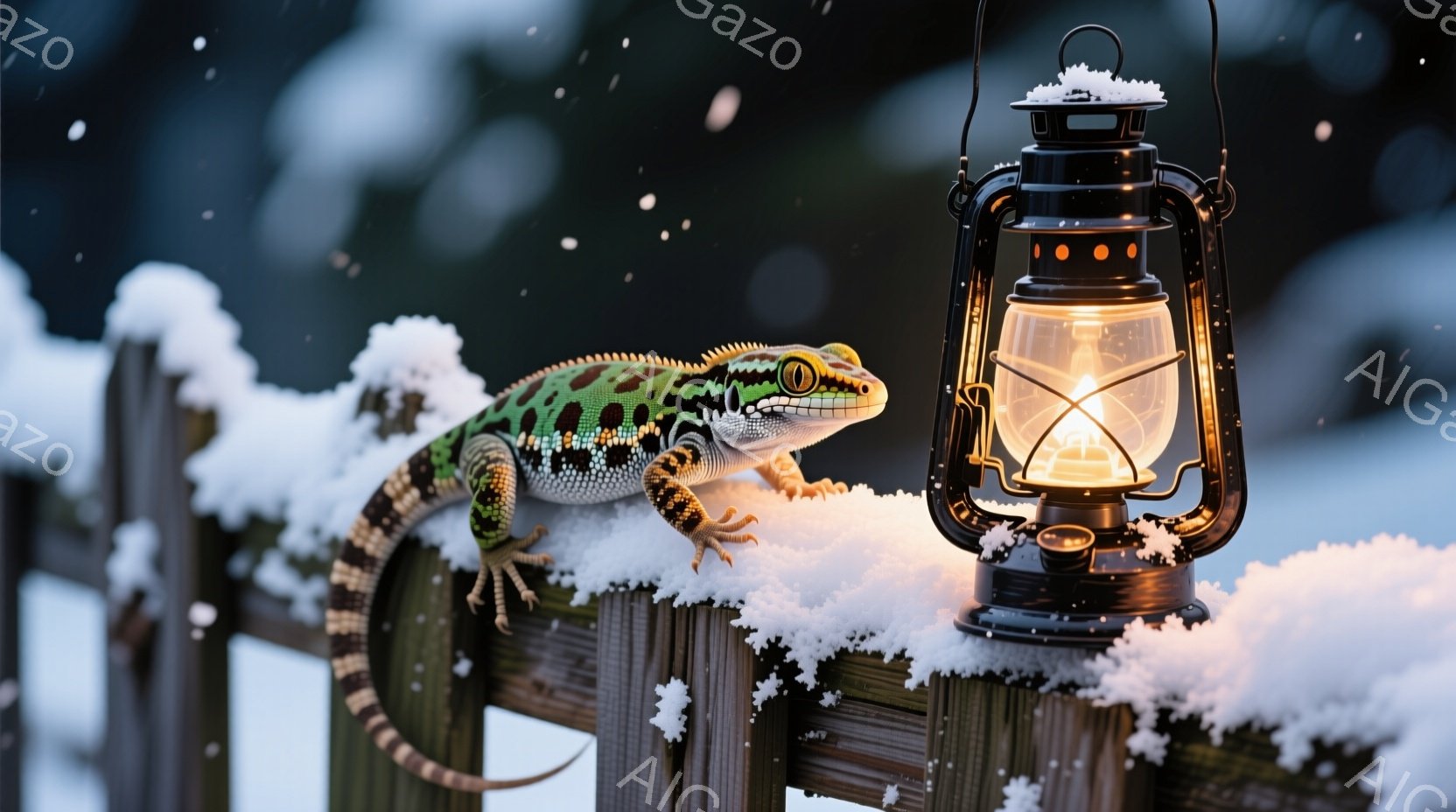 霜で覆われた木のフェンスの上に、鮮やかな色彩のトカゲがとぐろを巻いています。背中には緑と黒の縞模様があり、側面にはオレンジ色の斑点が見られます。背後には光を放つランタンがあり、雪が舞う夜の静かで幻想的 - AI生成フリー素材
