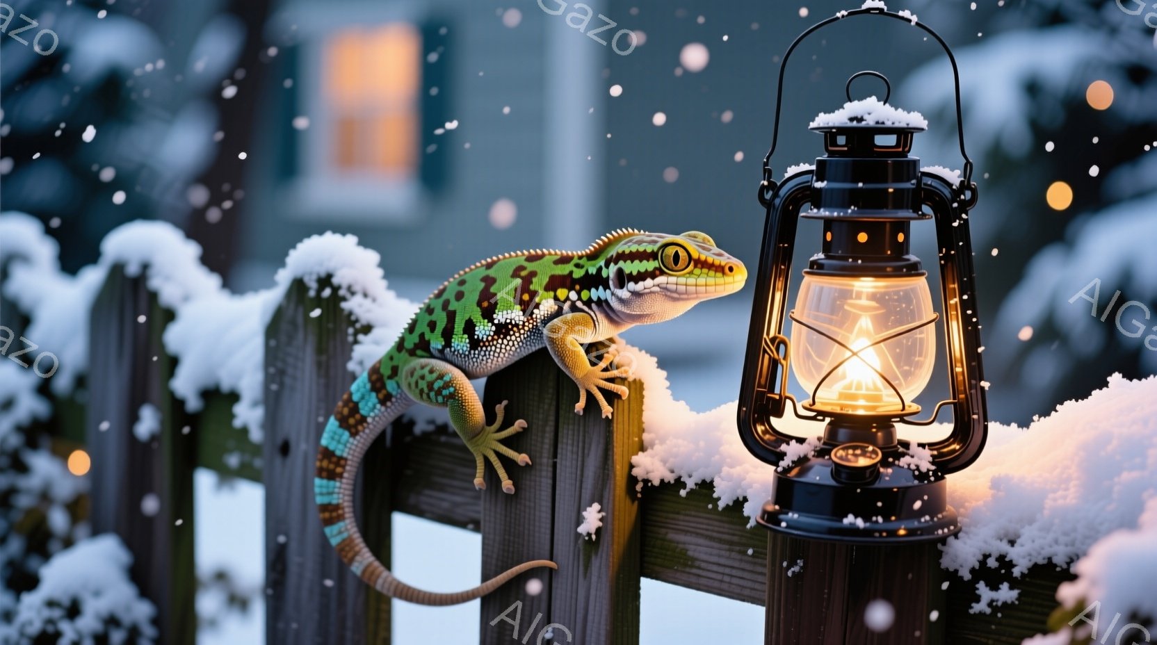 雪が降り積もるフェンスの上に、鮮やかな緑と黒の模様を持つヤモリがとぐろを巻いて佇んでいます。ヤモリの目は金色で、注意深く周囲を見渡しているようです。背景には、ぼんやりとした光を灯した建物が見え、雪景色の中に温かい光を放つランタンが置かれ、幻想的な冬の雰囲気を醸し出しています。