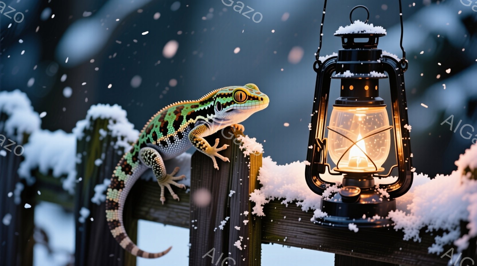 白い雪が降り積もる中、フェンスの上に鮮やかな色のヤモリがとぐろを巻いています。ヤモリは緑とオレンジの縞模様を持ち、大きな瞳で前方をじっと見つめています。背後には、雪で覆われた木々があり、暖かい光を放つランタンがヤモリの傍らに吊るされています。