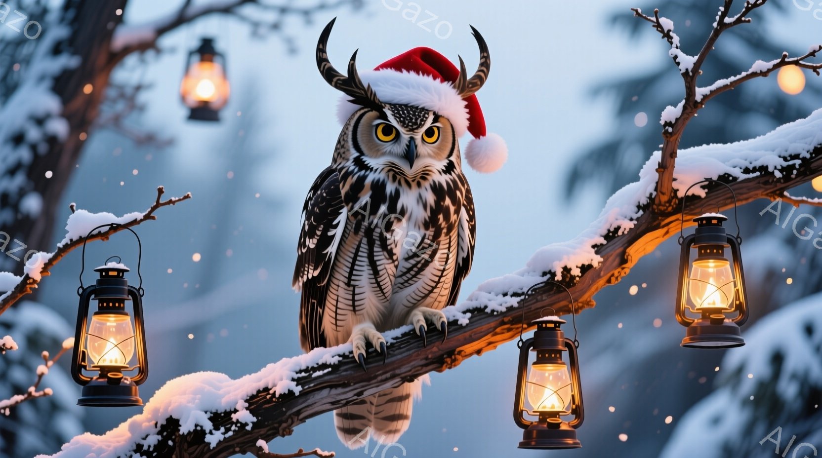 雪に覆われた木の枝に、サンタ帽をかぶったフクロウがとまっています。フクロウは鋭い眼差しで正面を見つめ、白い雪が舞う冬の風景を見守っています。背景には、ぼんやりと光るランタンがいくつかあり、静かで幻想的 - AI生成フリー素材