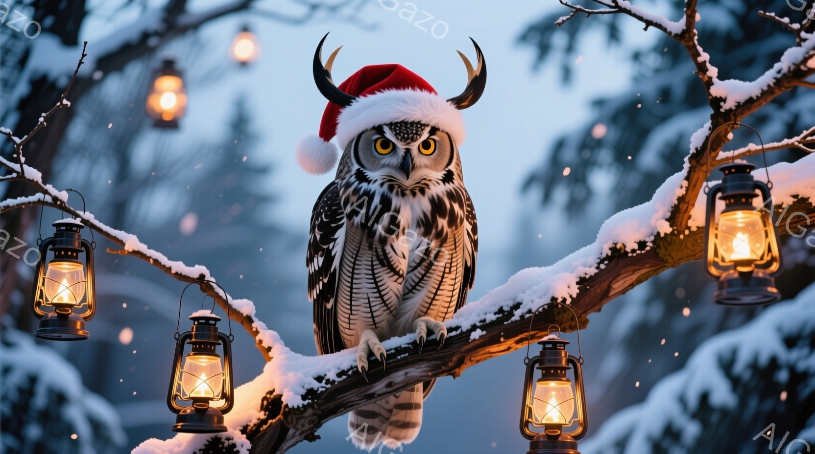 雪に覆われた木の枝に、サンタの帽子をかぶったフクロウが座っています。フクロウは正面をまっすぐ見つめ、少し厳めしい表情をしています。背景には雪の積もった木々と、点灯したランタンが並び、冬の静かで幻想的な - AI生成フリー素材