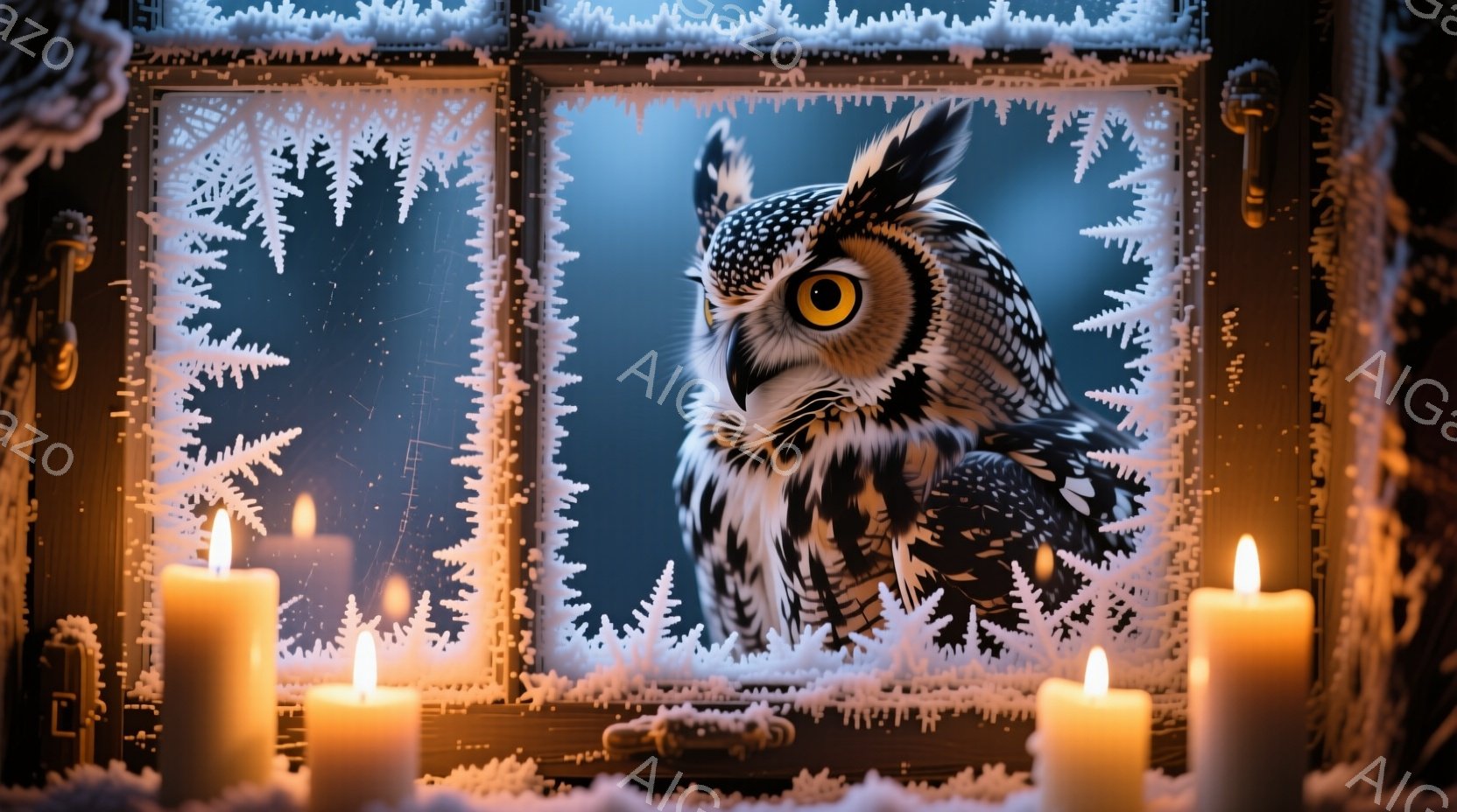凍てつく夜の窓辺に、フクロウが描かれている。窓枠は雪の結晶模様で飾られ、その奥には深い青色の夜空と星々が広がり、フクロウの鋭い眼差しが印象的だ。暖かく灯るロウソクたちが、冷たい冬の夜の静けさの中に温もりを添えている。