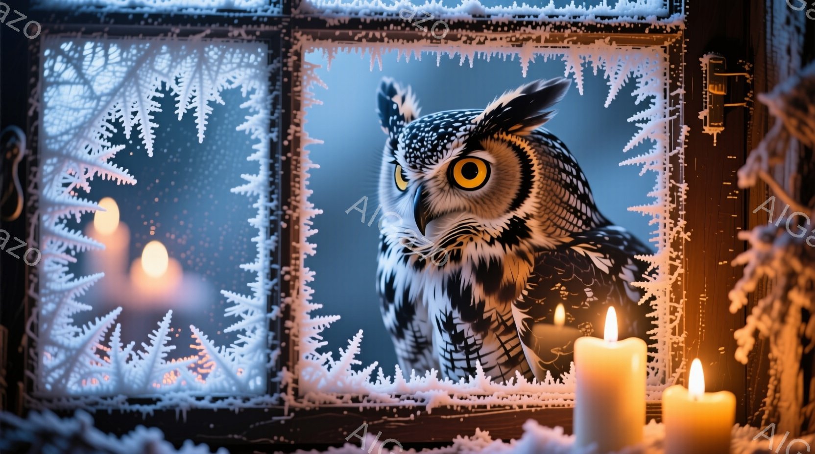 深い青色の背景に、大きなフクロウが正面を向いて描かれています。窓枠は雪の結晶で覆われ、フクロウの周りには数本の灯された蝋燭が置かれ、暖かく幻想的な雰囲気を醸し出しています。冷たい冬の夜を思わせる、静か - AI生成フリー素材