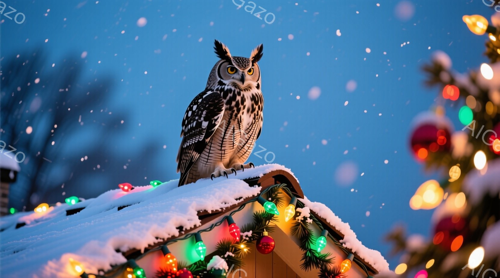 雪をかぶった屋根の上に、大きなフクロウが座っています。フクロウは鋭い眼光で正面を見つめ、冬の静寂と厳しさを表現しています。背景には、キラキラと光るクリスマスツリーと、薄暗く雪が降る夜空が広がっており、 - AI生成フリー素材