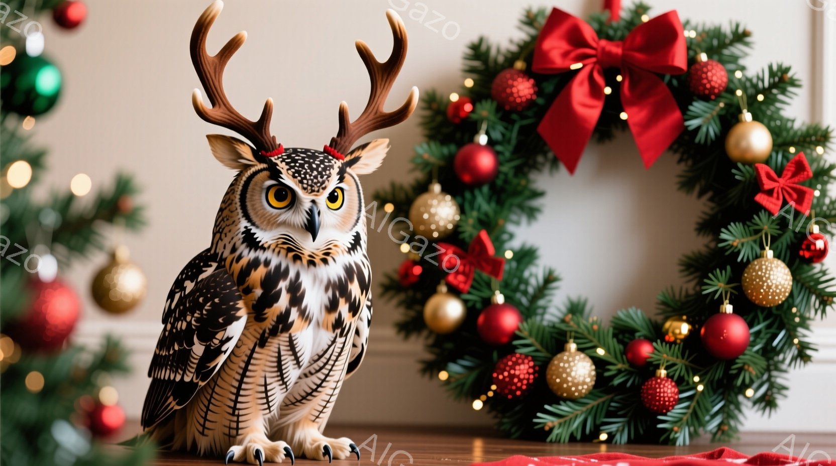 鮮やかな背景には、赤いオーナメントで飾られた緑のクリスマスリースがあり、明るい赤いリボンが目立ちます。フクロウは、頭に小さな角飾りをつけて、真剣な表情で正面を見つめています。フクロウは木製の台の上に座 - AI生成フリー素材