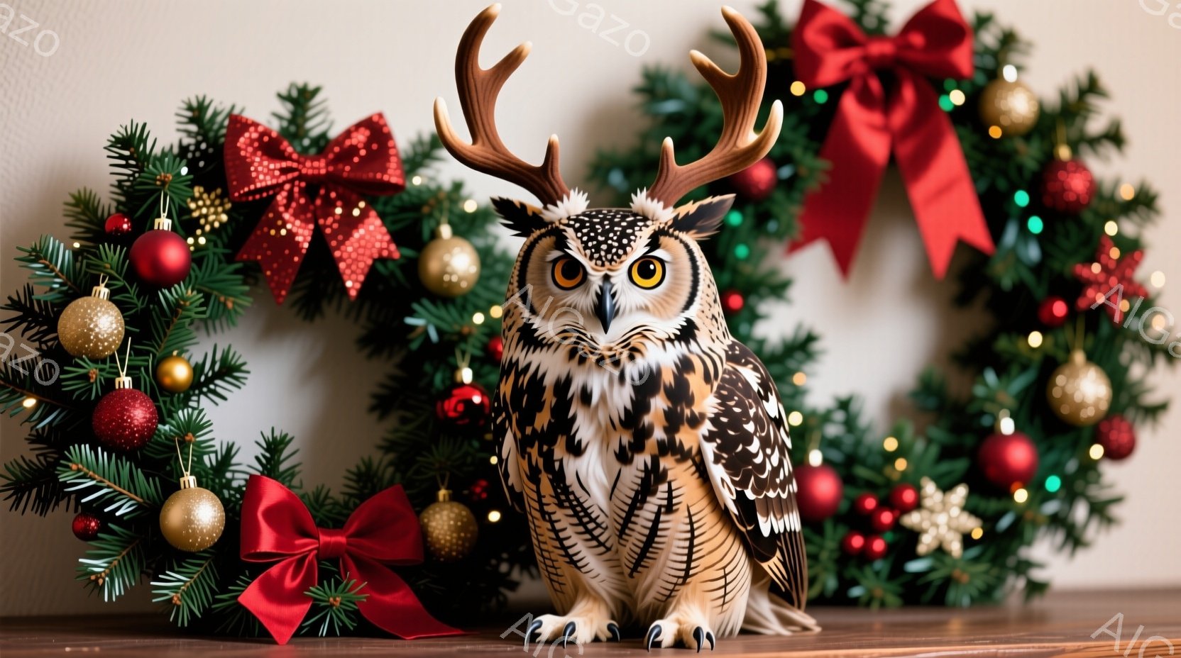 クリスマスをテーマにした背景に、フクロウの置物が写っています。フクロウは茶色と白の模様を持ち、頭にはトナカイの角が生えており、真剣な表情で正面を見つめています。背景には緑のクリスマスリースと赤いリボン - AI生成フリー素材