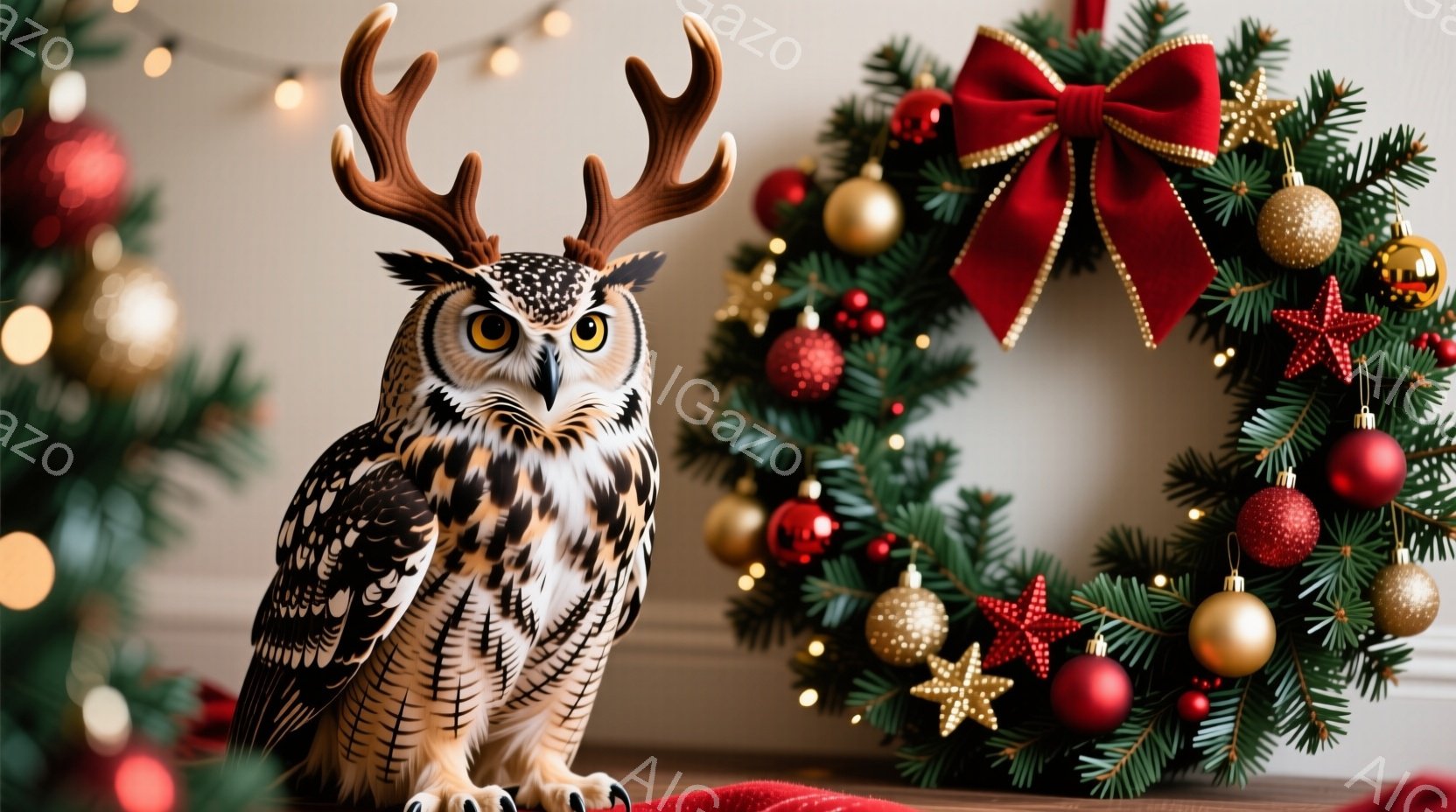 大きなフクロウがクリスマスらしい背景を前に座っています。フクロウは大きな角のようなものを頭に載せ、鋭い目つきで正面を見ています。背景には、赤いリボンと金色のオーナメントで飾られたクリスマスリースがあり、暖かくお祝いムードが漂っています。
