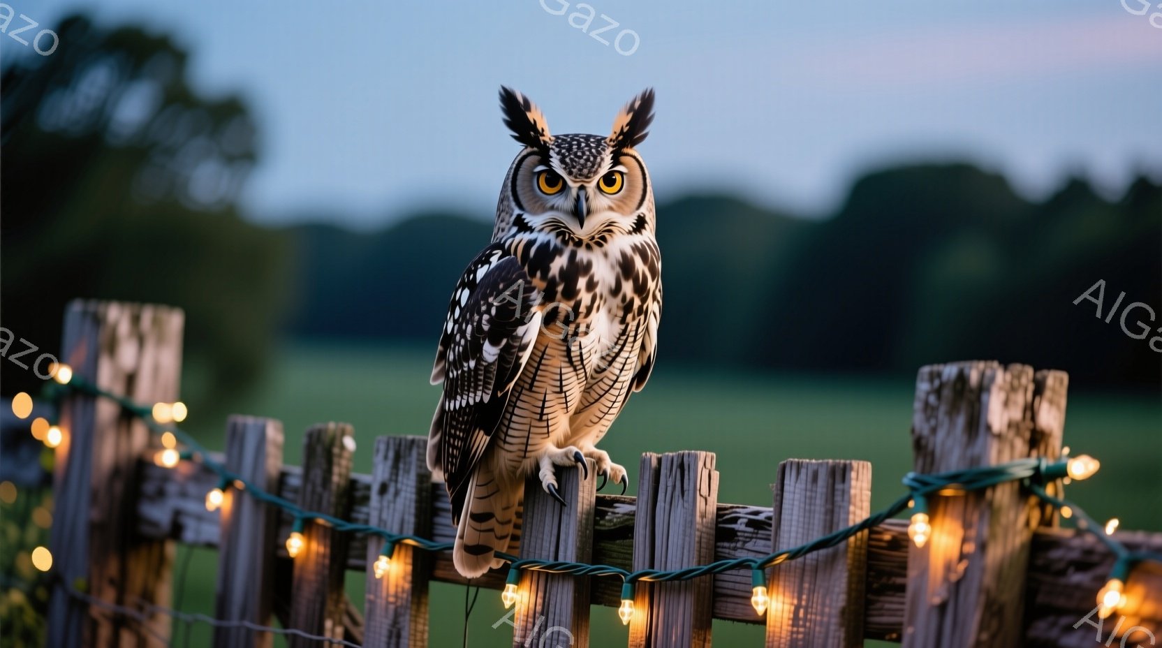 木製の柵に止まっているフクロウが写っている。フクロウは鋭い眼差しで正面を見つめ、茶色と白の模様が特徴的な羽毛を持つ。背景には緑の草原が広がり、夕暮れ時の空が穏やかな雰囲気を醸し出している。