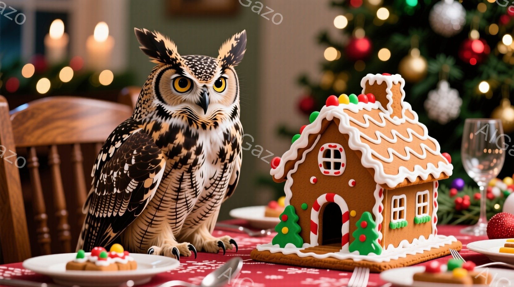 暖炉のそばのテーブルの上に、大きなフクロウが座っています。テーブルには、クリスマスを象徴するジンジャーブレッドハウスや小さなケーキが置かれ、背景にはぼやけたクリスマスツリーが見えます。暖かく、お祝いの - AI生成フリー素材