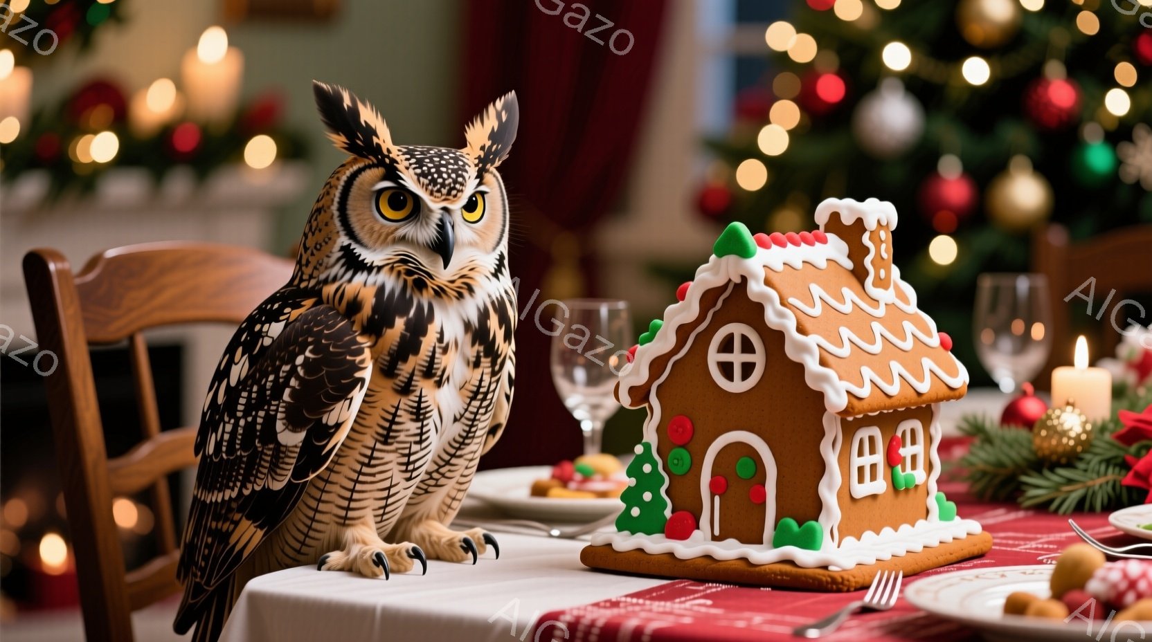 テーブルの上には、大きなフクロウが座っており、鋭い眼差しでこちらを見ている。背景にはクリスマスツリーの光が輝き、ジンジャーブレッドハウスや食器が並び、温かくお祝いムードに満ちた食卓の様子が伺える。全体 - AI生成フリー素材