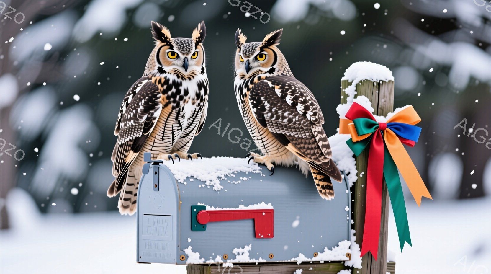 雪が降る中で、2羽のフクロウが郵便ポストの上に座っています。フクロウたちは鋭い眼差しで正面を見つめ、冬の厳しい寒さに耐えているように見えます。背景は白く雪景色で、郵便ポストにはオレンジ、赤、青のリボン - AI生成フリー素材