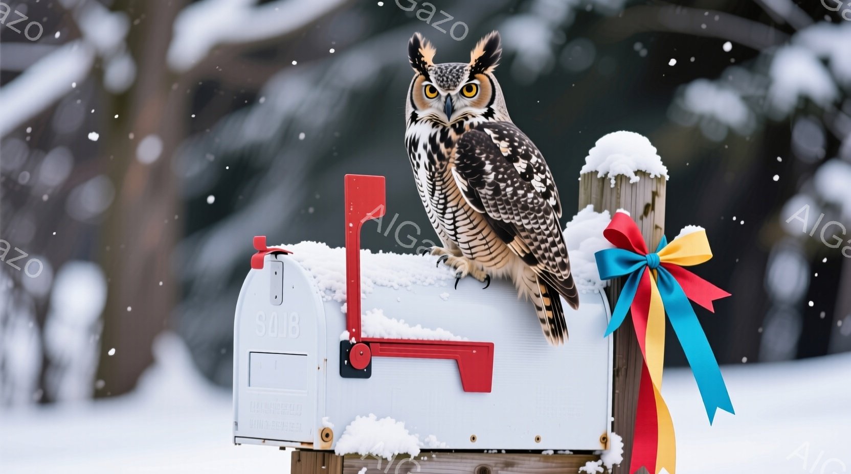 雪が降る冬の日に、白い郵便受けに大きなフクロウが止まっています。フクロウは鋭い目つきで正面を見据え、茶色と白の美しい模様が特徴的です。郵便受けには赤、青、黄色のリボンが飾られており、雪景色の中で鮮やかなアクセントとなっています。