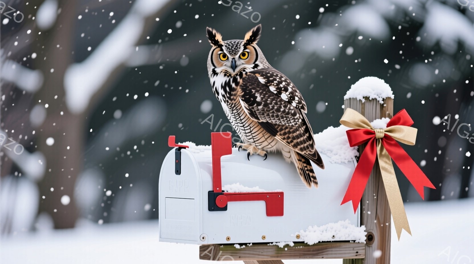 雪が降る冬の日に、郵便受けに止まっているフクロウが写っています。フクロウは鋭い目つきで正面を見つめ、茶色と白の羽毛が雪景色に際立っています。郵便受けには赤い旗と金色のリボンが飾り付けられ、全体的に穏や - AI生成フリー素材