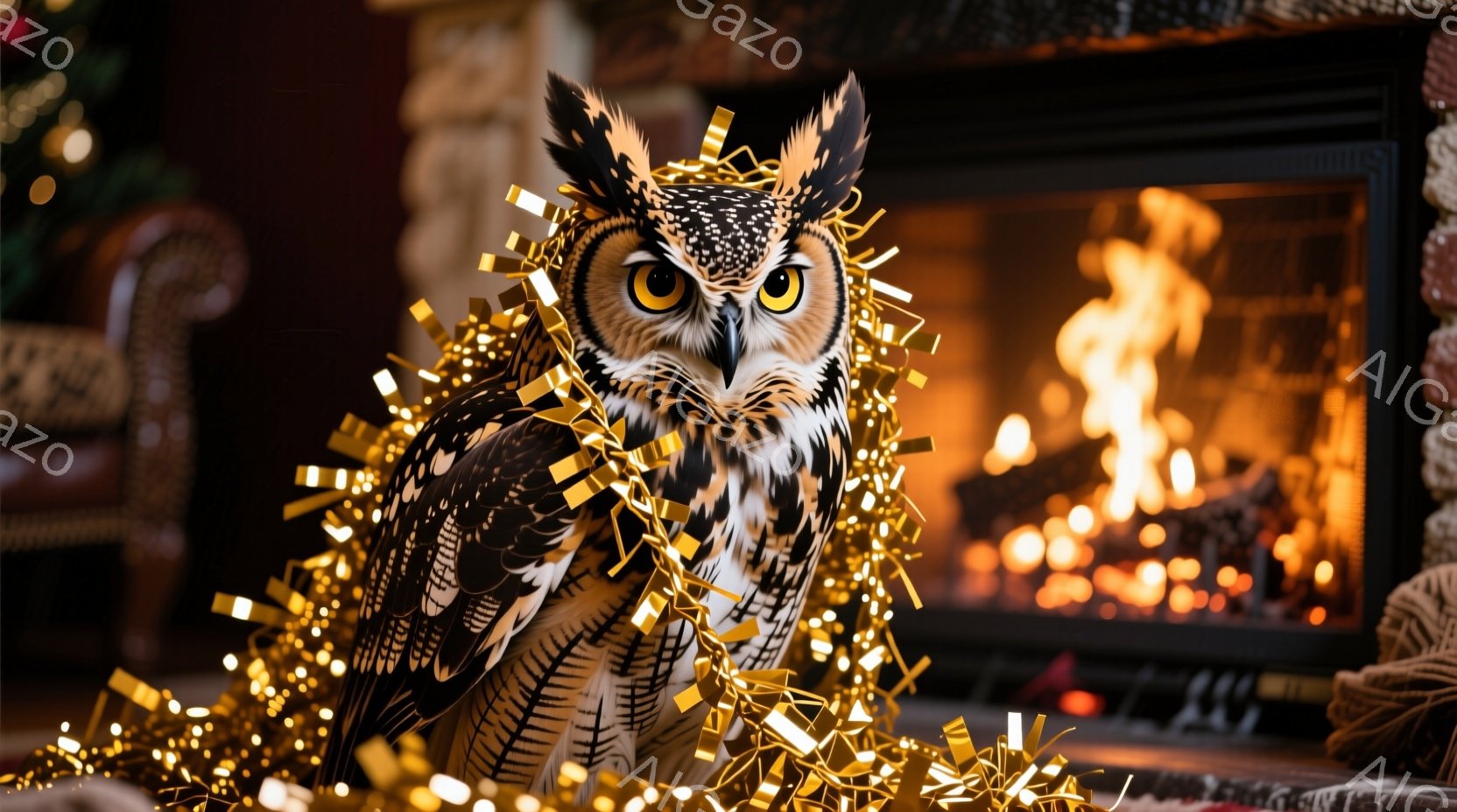 大きなフクロウが、金色のガーランドに囲まれて正面を見つめている。背景には暖炉があり、炎が燃え盛っているのが見える。全体的に温かく、クリスマスの雰囲気が漂う、お祝いの光景である。 - AI生成フリー素材
