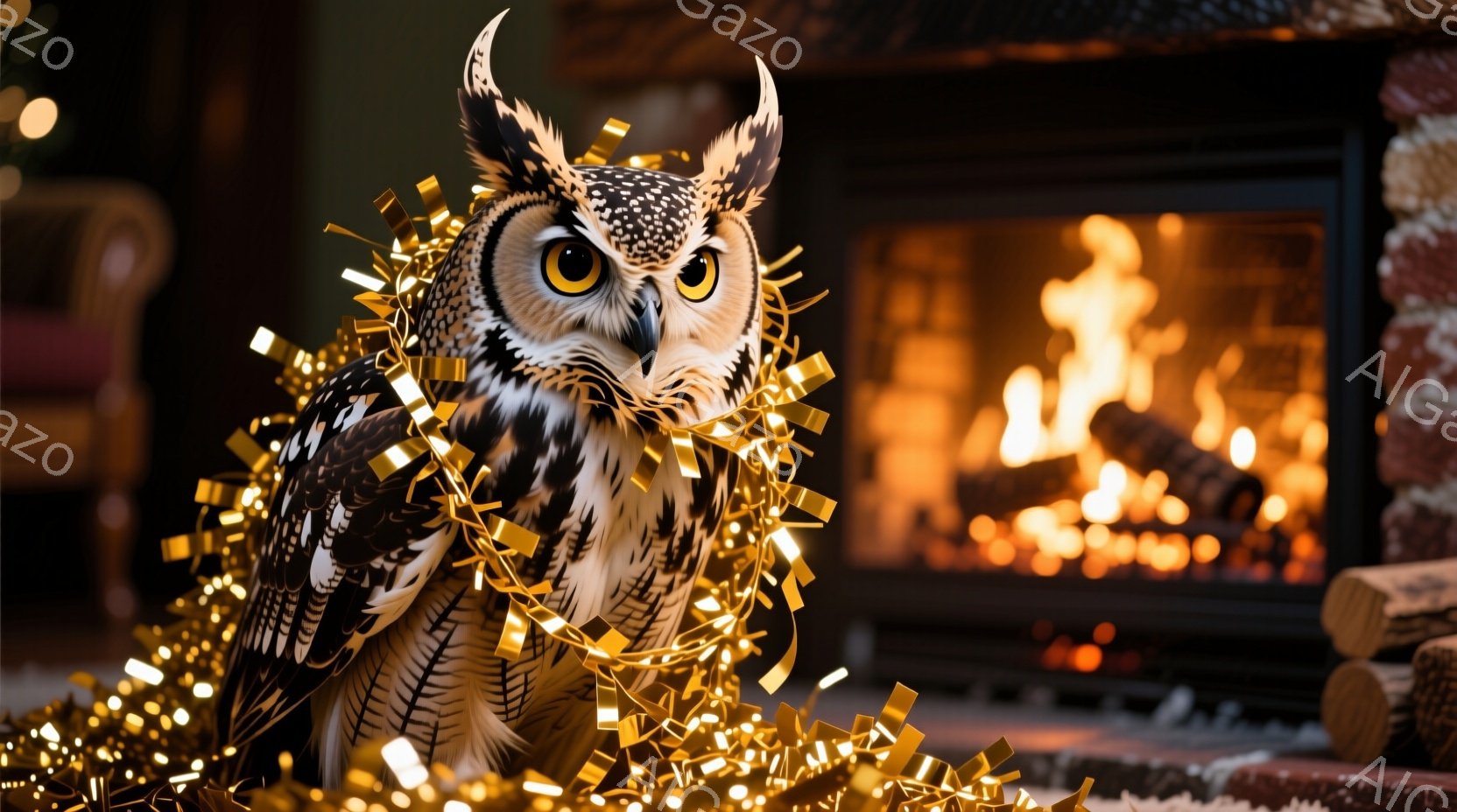 大きなフクロウが金色の飾り付けに囲まれて座っており、鋭い視線で正面を見つめている。背景には暖炉があり、燃え盛る炎と積み重ねられた薪が見え、部屋全体を温かい光で満たしている。この画像は、クリスマスの季節 - AI生成フリー素材