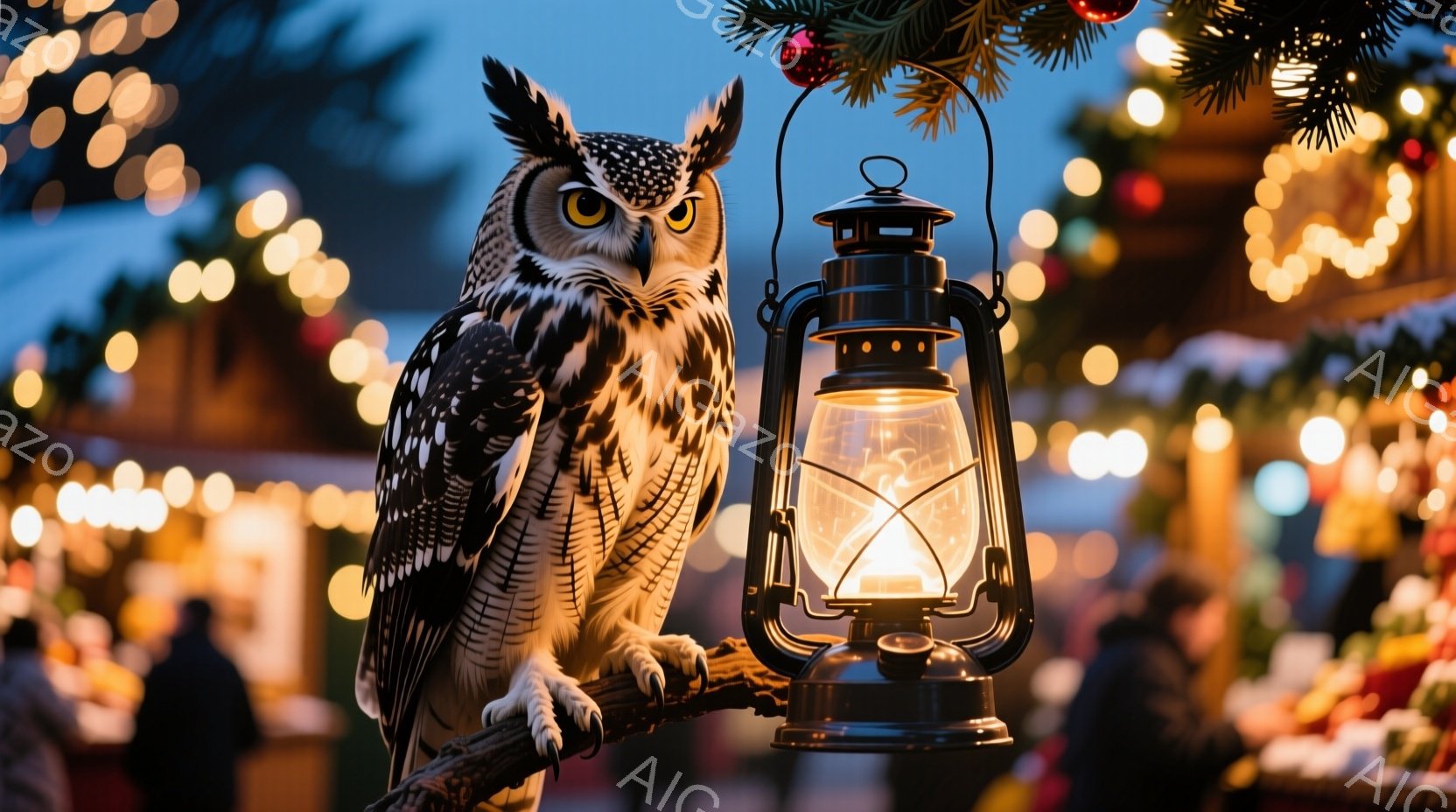 大きなフクロウが木の枝にとまっており、その隣には点灯したランタンがぶら下がっています。背景には、クリスマスマーケットのような賑やかな光景がぼやけており、人々の姿や屋台が見えます。全体的に、暖かい光とフ - AI生成フリー素材