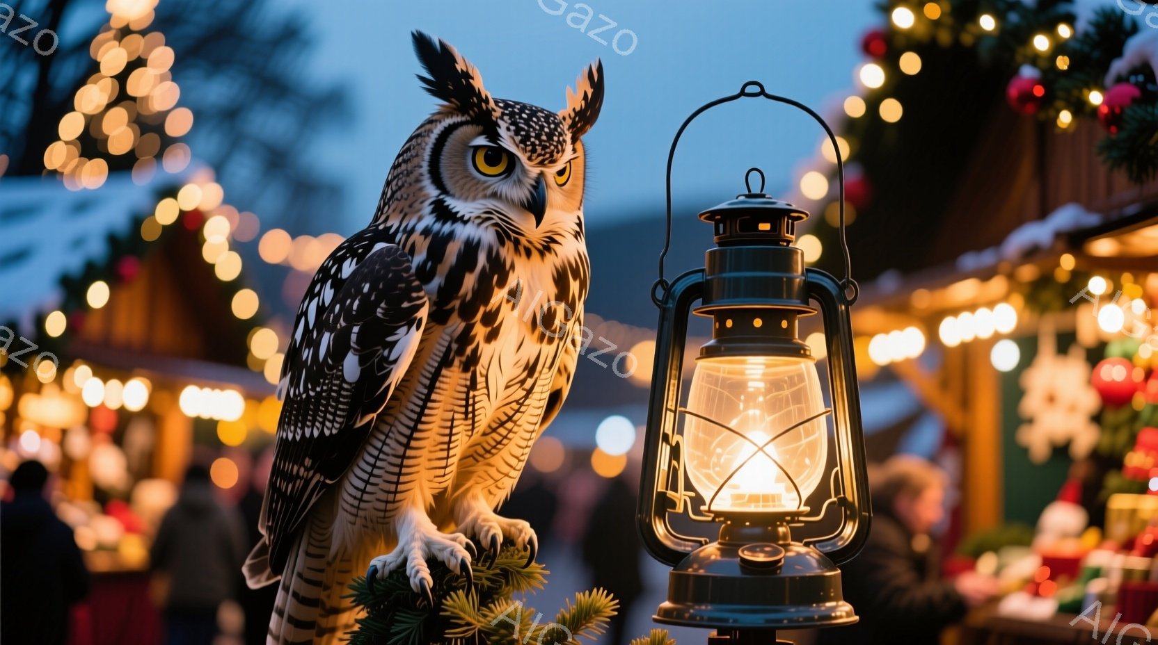 大きなフクロウの置物が、クリスマスの装飾が施された市場の近くの木の枝に止まっています。背景には、ぼやけた人々の姿と、キラキラと輝くクリスマスツリーのライトが見え、冬の夜の暖かく幻想的な雰囲気を醸し出しています。アンティーク風のランタンが手前に置かれ、温かい光を放ち、全体的に穏やかで魅力的な光景を作り出しています。