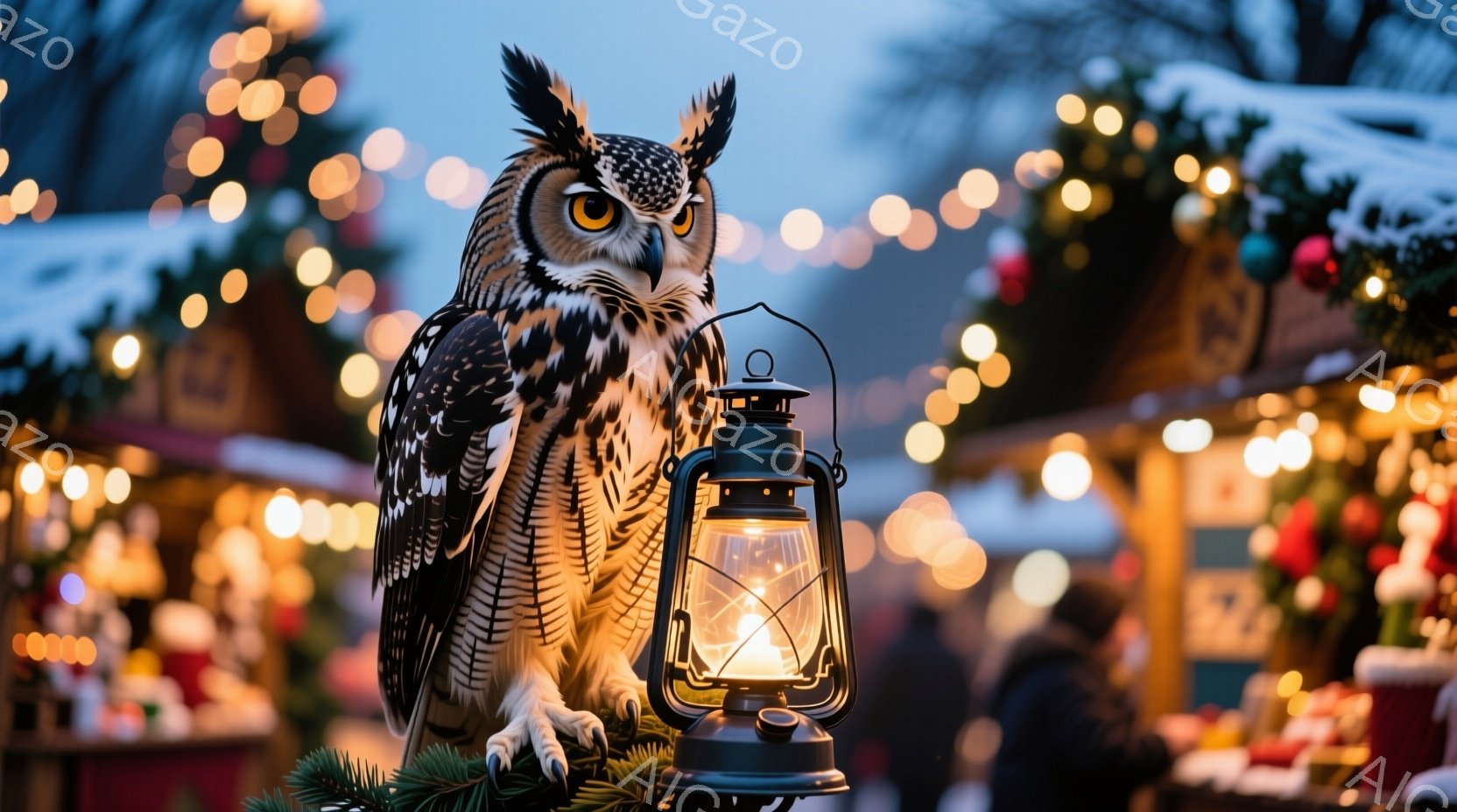 大きなフクロウが、クリスマスの飾り付けがされた市場の一角に止まっています。フクロウは鋭い眼差しでこちらを見つめ、片足を前に出し、緑の枝にとまっています。背景にはぼやけたクリスマスマーケットの屋台や、キ - AI生成フリー素材