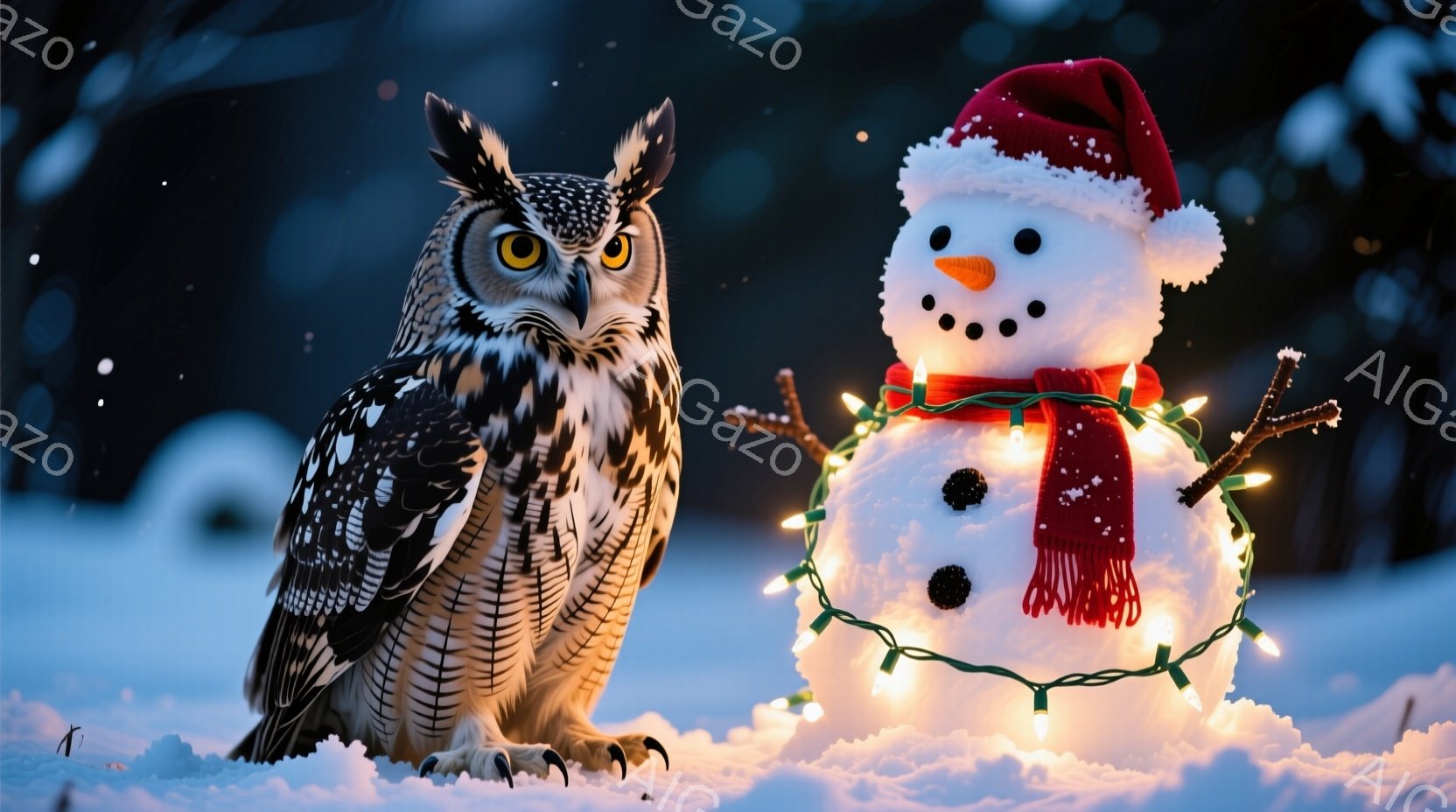 雪景色の中に、大きなフクロウと雪だるまが並んでいます。フクロウは鋭い眼差しで正面を見つめ、雪だるまは赤い帽子とスカーフを身につけ、クリスマスのイルミネーションで飾られています。背景は暗い森で、雪が静か - AI生成フリー素材