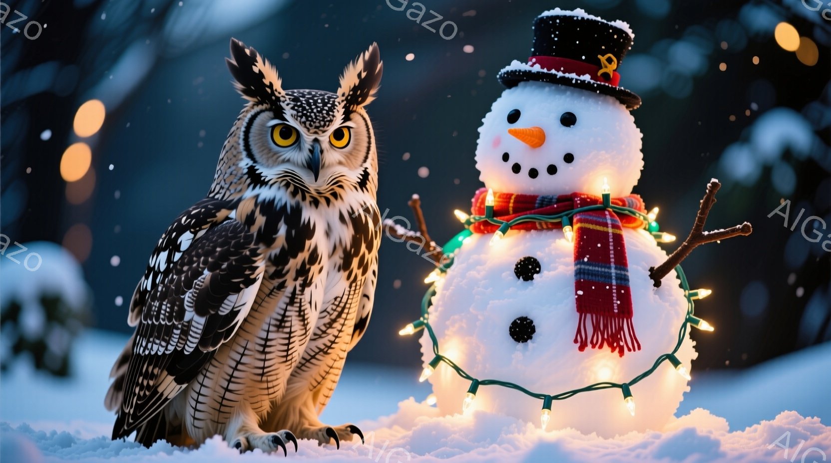 雪景色の中に、大きく丸い雪だるまと、翼を広げずにまっすぐ前を見据えるフクロウが並んで立っている。雪だるまは、黒い帽子とカラフルなマフラーを身につけ、オレンジ色の鼻と黒い目、そしてボタンで表現された笑顔 - AI生成フリー素材