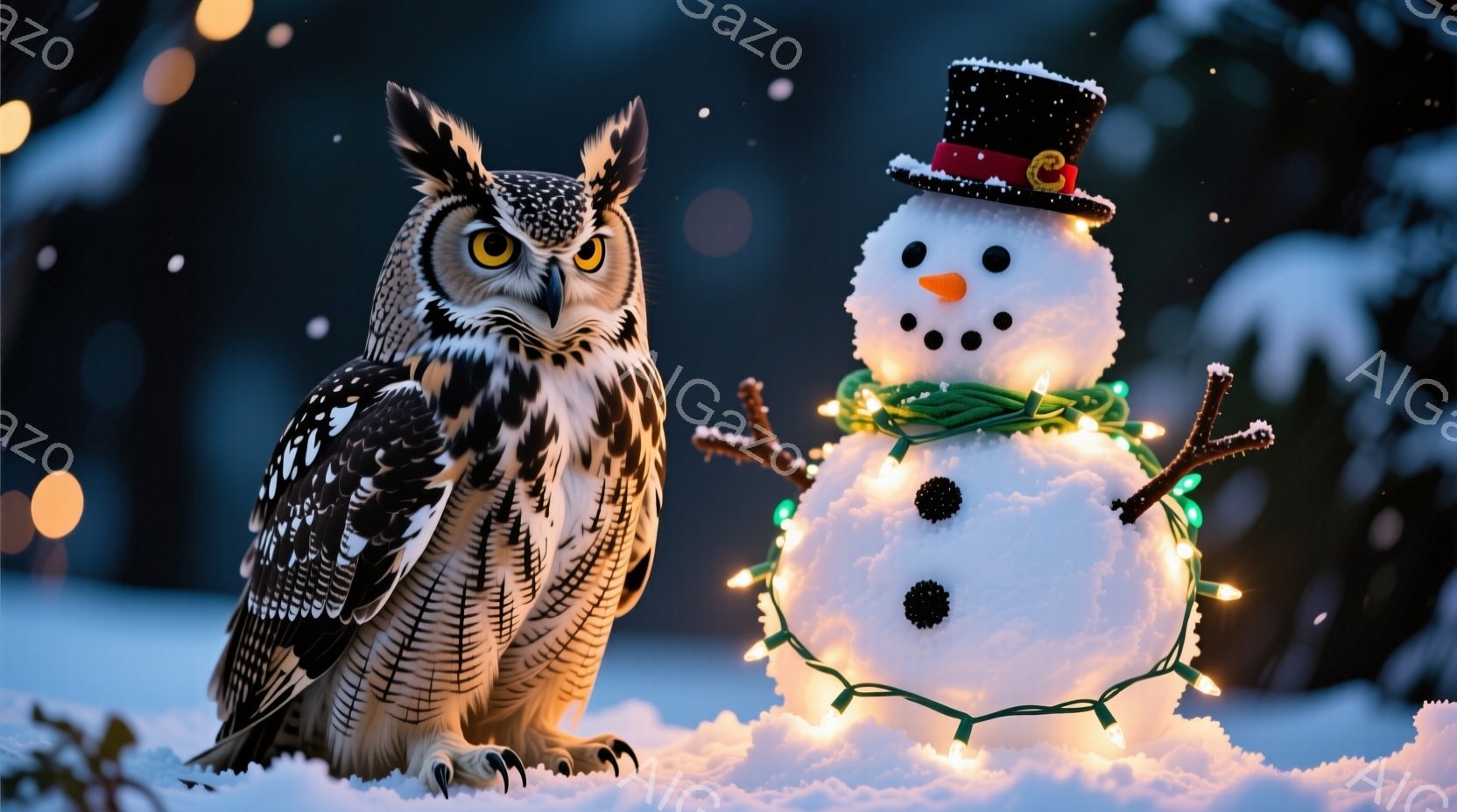 雪景色の中に、大きなフクロウと雪だるumaが並んでいます。フクロウは鋭い眼差しで正面を見つめ、雪だるumaはにっこりと微笑み、クリスマスツリーの飾り付けのようなライトを首に巻いています。背景には暗い緑 - AI生成フリー素材