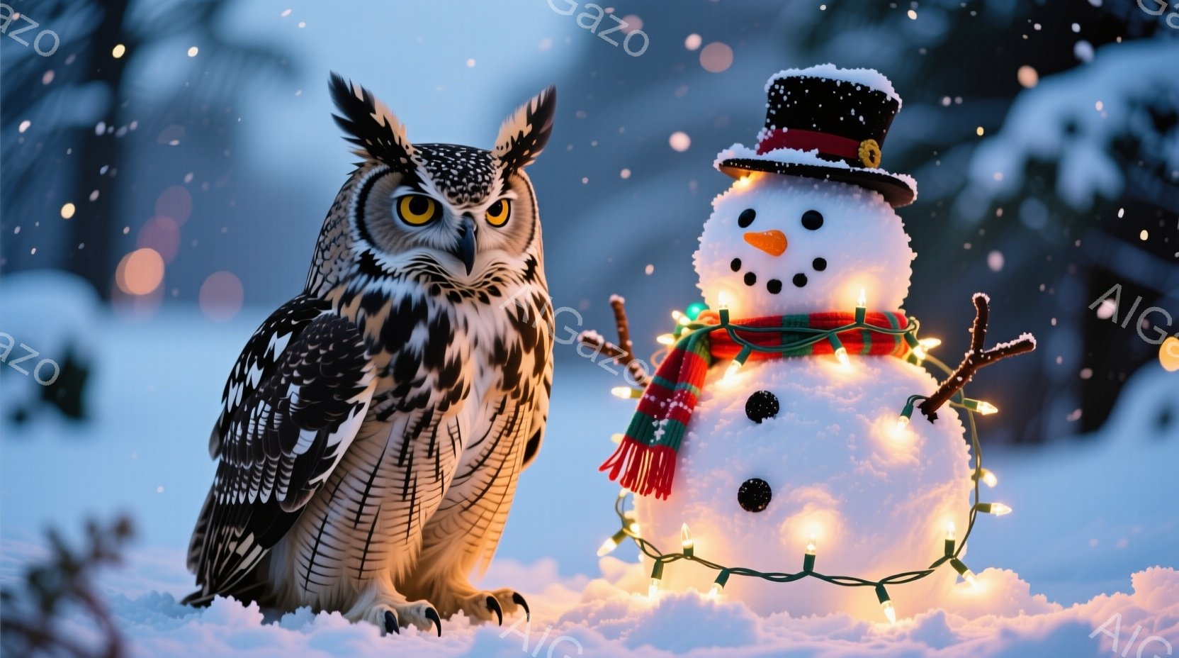 雪景色の中に、大きなフクロウと雪だるまが並んでいます。フクロウは鋭い眼差しで正面を見つめ、雪だるまは赤い縞模様のスカーフとトップハットを被り、電飾で飾られています。背景にはぼやけた木々と雪が舞っており - AI生成フリー素材