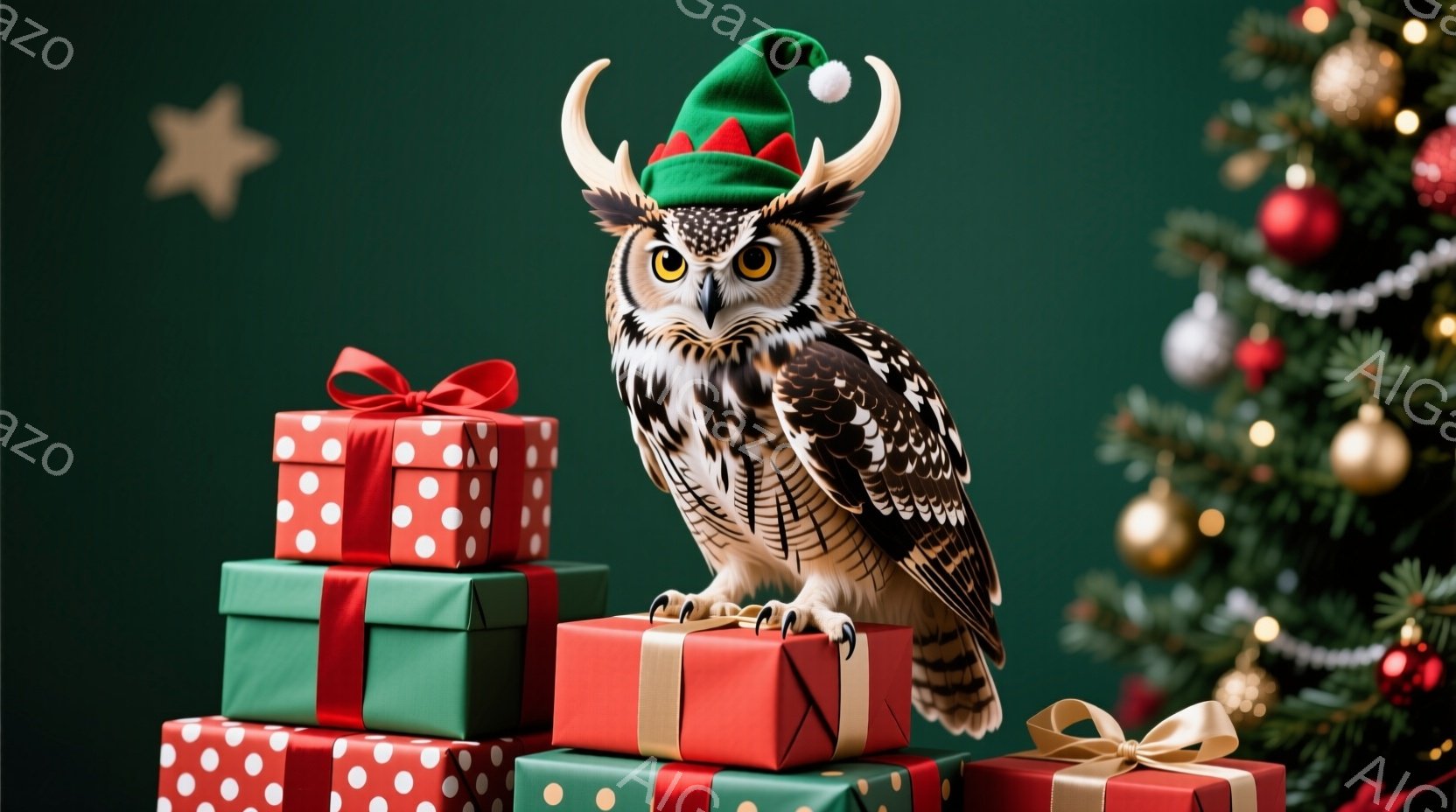 ふくろうがクリスマスプレゼントの山の上にちょこんと座っており、頭には緑色のサンタ帽をかぶっています。その表情は鋭く、少しいたずらっぽい様子で、背景には飾り付けられたクリスマスツリーがぼやけて見えます。 - AI生成フリー素材