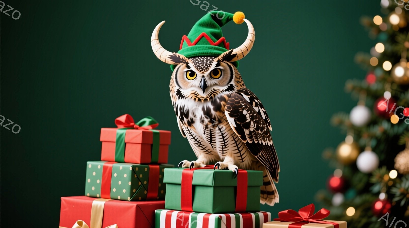 明るい緑色のクリスマス風の帽子をかぶったフクロウが、ラッピングされたプレゼントの山の上に座っています。フクロウは鋭い目つきで正面を見ており、落ち着いた姿勢でプレゼントの上に静止しています。背景には、オーナメントで飾られたクリスマスツリーがあり、全体的に華やかで祝祭的な雰囲気が漂っています。