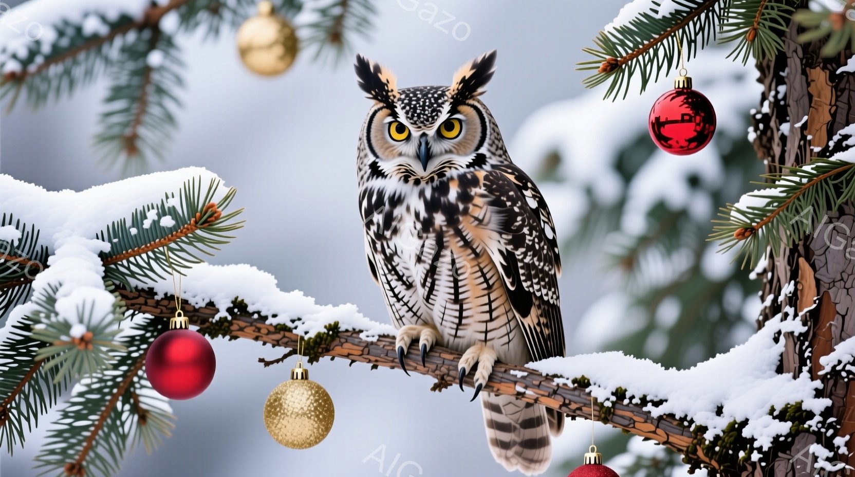 雪をまとった木の枝に、大きなフクロウが止まっています。そのフクロウは鋭い眼光で正面を見つめ、茶色と白の美しい羽毛が特徴的です。背景にはぼやけた雪景色と、クリスマスのオーナメントが散りばめられており、冬 - AI生成フリー素材
