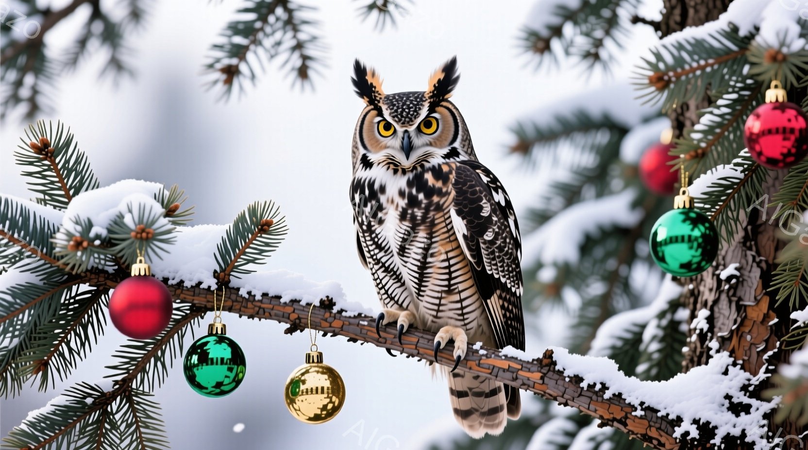 白い雪に覆われた松の枝に、大きなフクロウがとまっており、その周りには赤、緑、金のクリスマスオーナメントが飾られています。フクロウは鋭い眼光で正面を見据え、羽毛は白と黒の美しい模様で覆われています。全体 - AI生成フリー素材