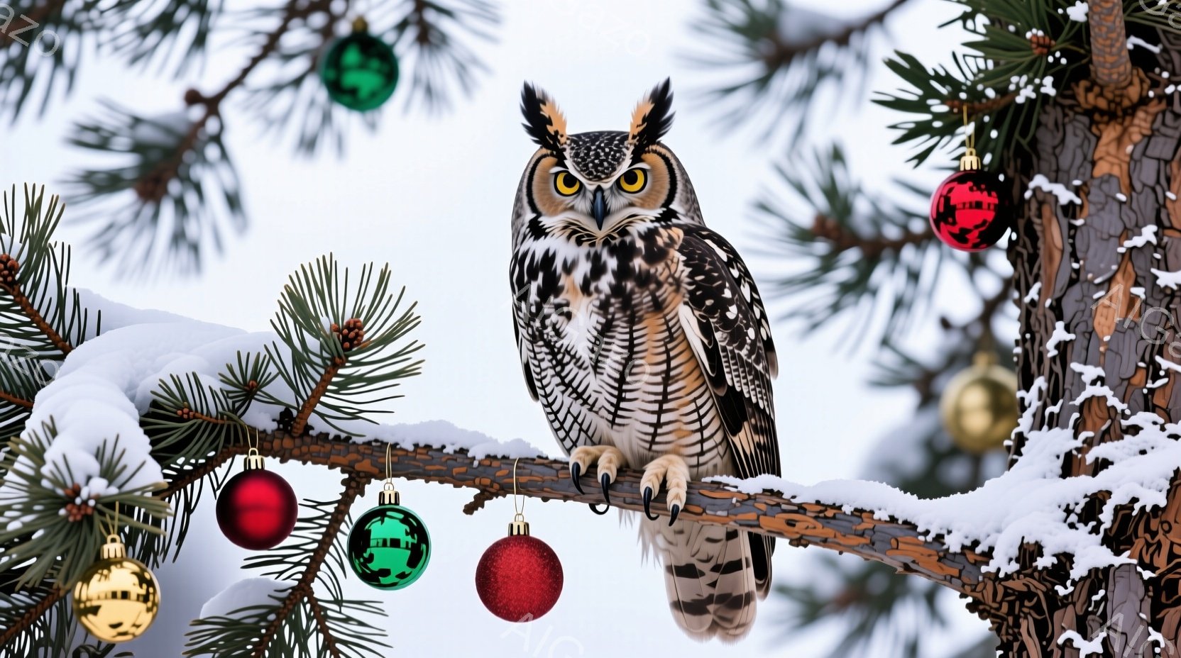 雪に覆われた木の枝に、大きなフクロウが止まっています。その目は鋭く見開かれ、体の模様は白と茶色の美しいコントラストを描いています。周りにはクリスマスオーナメントが飾り付けられており、冬の自然と祭りの雰 - AI生成フリー素材