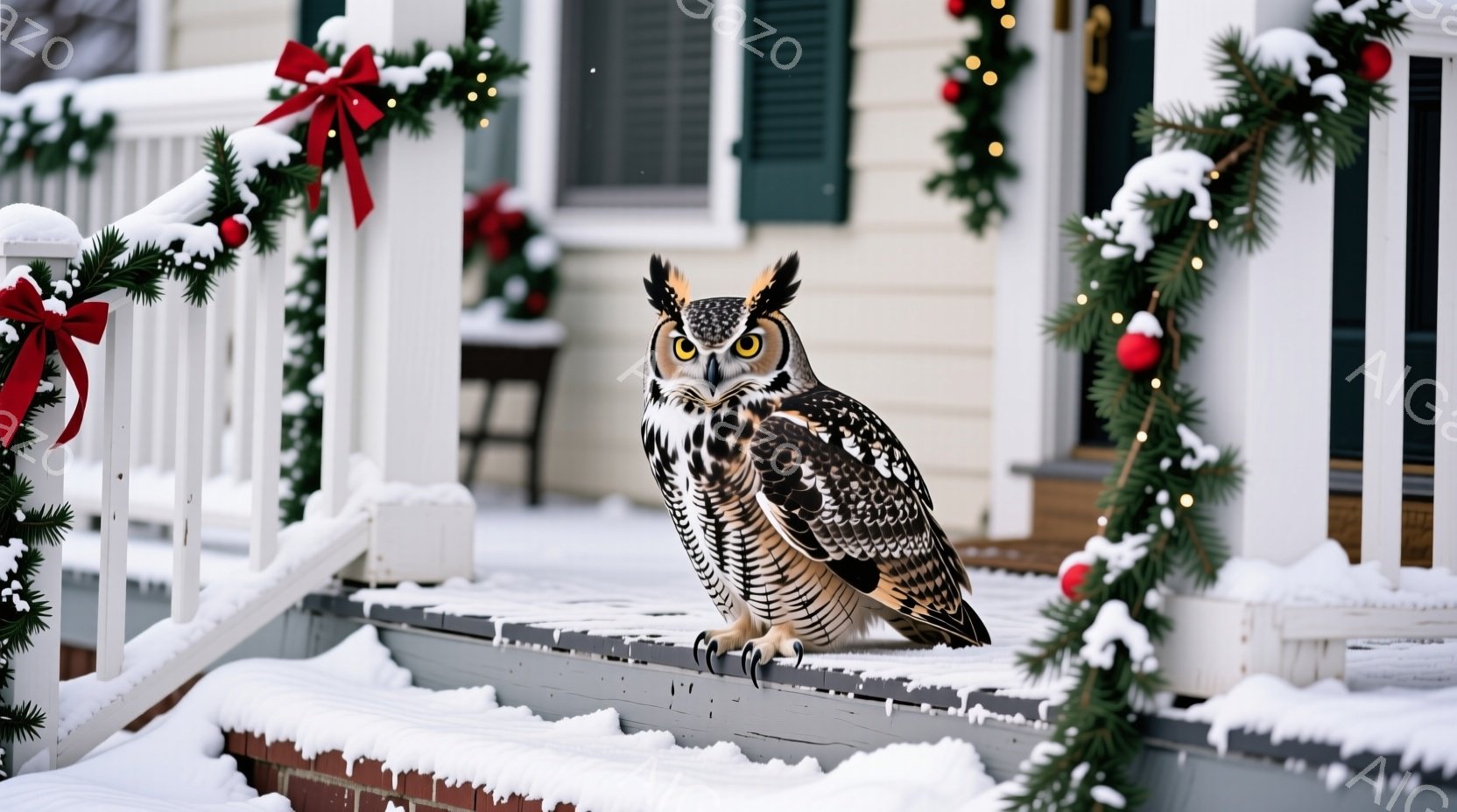 白い雪に覆われた家の階段に、大きなフクロウが静かに座っています。フクロウは鋭い眼差しで正面を見据え、茶色と白の美しい羽毛が特徴的です。背景にはクリスマス飾り付けが施された玄関があり、冬の穏やかな雰囲気 - AI生成フリー素材