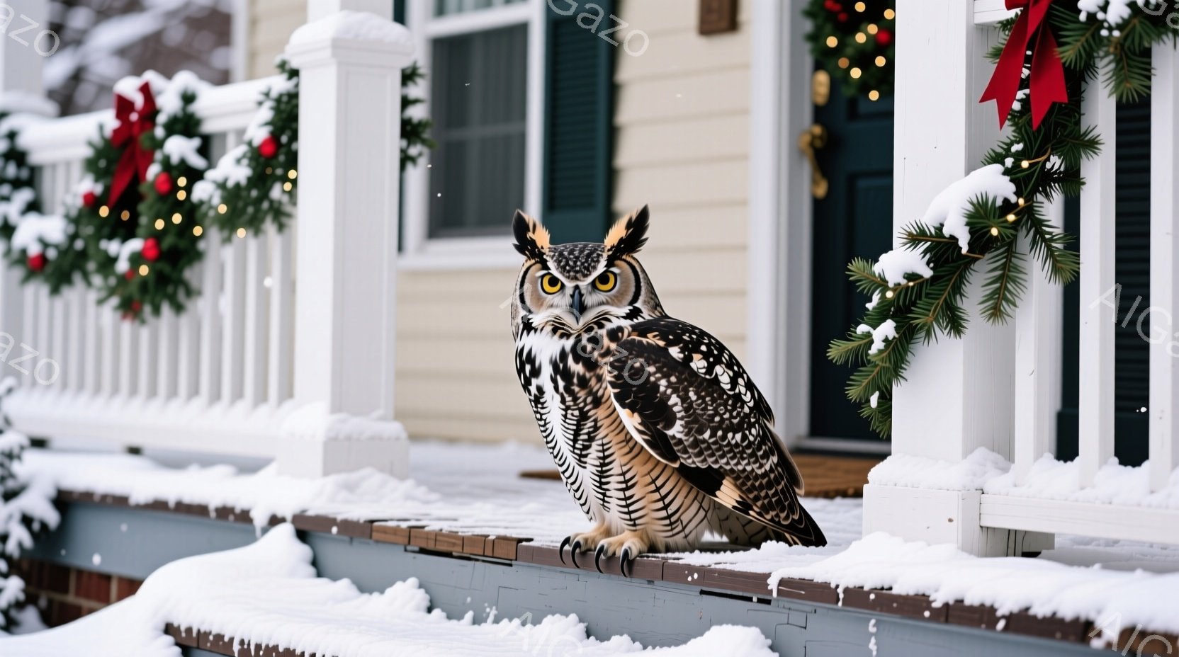 大きなフクロウが雪に覆われた家のポーチの階段に座っています。フクロウは鋭い目つきで正面を見つめ、茶色と白の羽毛が美しく、堂々とした姿勢を保っています。背景には白い手すりとクリスマスの飾り付けが施された - AI生成フリー素材