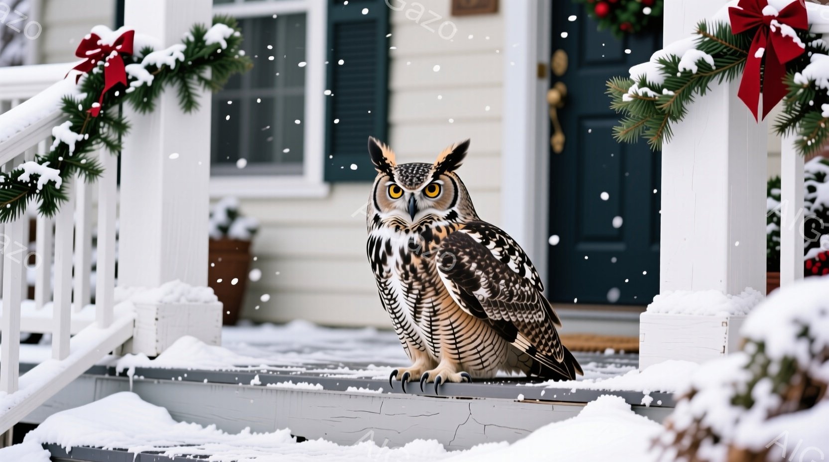 雪が降る家の階段に、大きなフクロウが座っています。フクロウは鋭い目つきで正面を見据え、茶色と白の美しい羽毛が特徴的です。背景にはクリスマス装飾が施された玄関があり、冬の静寂と自然の美しさが感じられます。