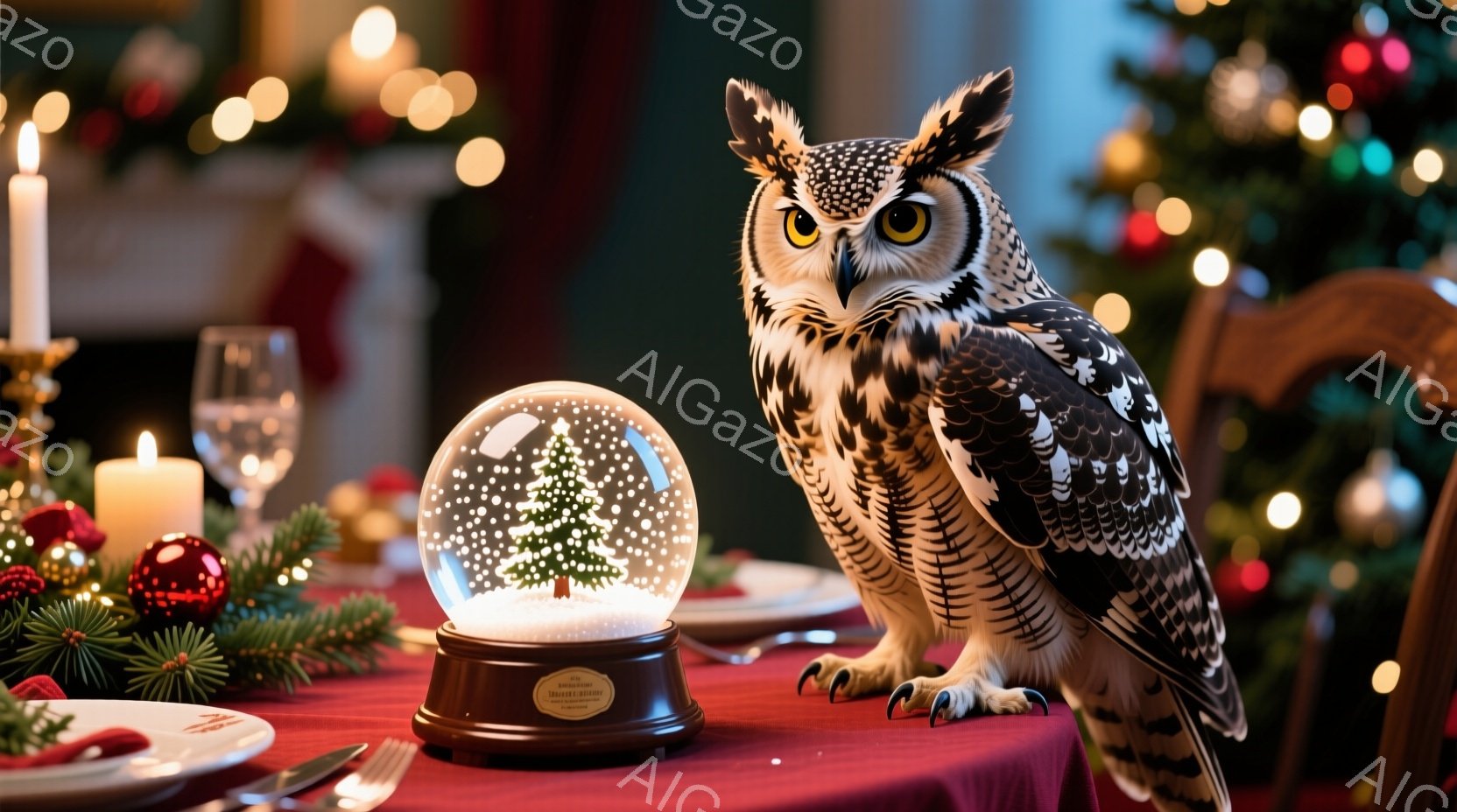 クリスマスを祝うような設定で、大きなフクロウがテーブルの上に立っています。テーブルの上には、雪景色を閉じ込めたグラスのオーナメントや、ろうそく、赤いオーナメントなどが置かれており、背景にはクリスマスツ - AI生成フリー素材
