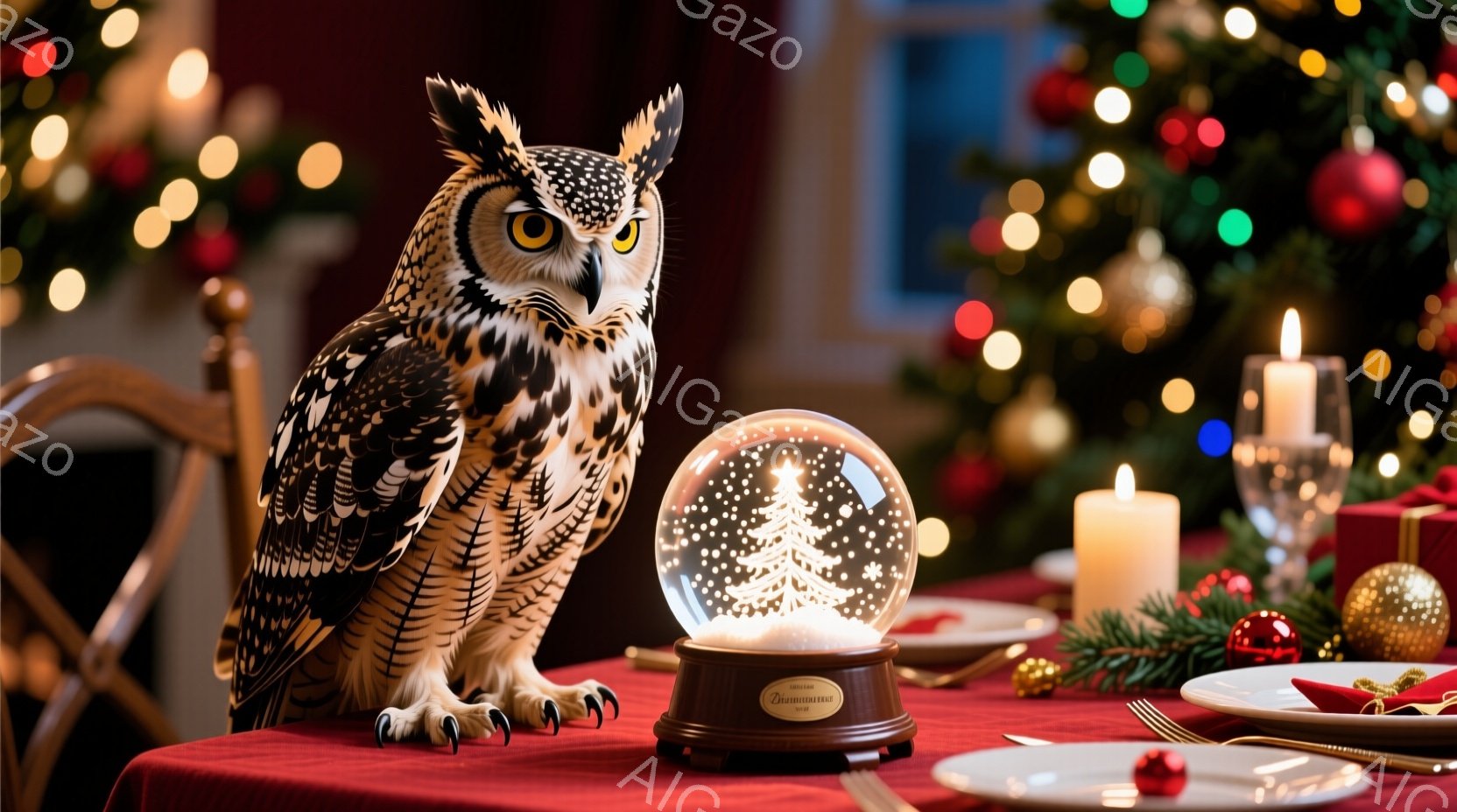 暖炉のそばに置かれたダイニングテーブルの上で、大きなフクロウの置物が雪の結晶の入ったガラス球の隣に立っている。背景にはぼやけたクリスマスツリーの光と、キャンドルや食器が置かれた食卓が見え、暖かく華やかなクリスマスの雰囲気が漂っている。フクロウは堂々とした姿勢で、鋭い眼光でこちらを見ている。