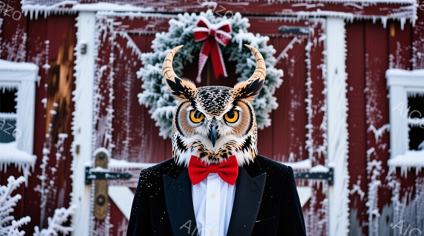 雪が舞う中で、大きなフクロウが雪に覆われた柵の上に座っている。背景には、温かい光を放つ提灯が連なり、冬の静けさと暖かさが対照的に表現されている。フクロウは鋭い眼差しでこちらを見つめ、凛とした雰囲気を醸 - AI生成フリー素材