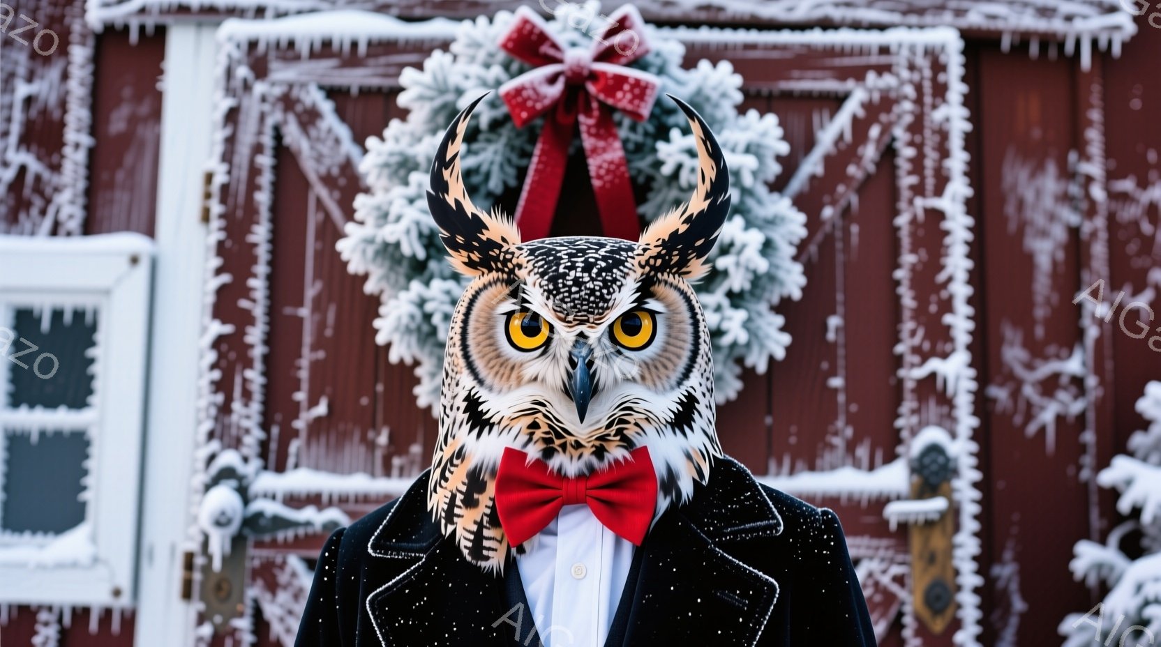 深紅の背景に、フクロウがフォーマルな服装で正面を向いています。黒いコートと赤い蝶ネクタイを身につけ、まるで人間のように立っており、その表情は厳かです。背景には、赤いリボンが付いた雪で覆われたクリスマス - AI生成フリー素材